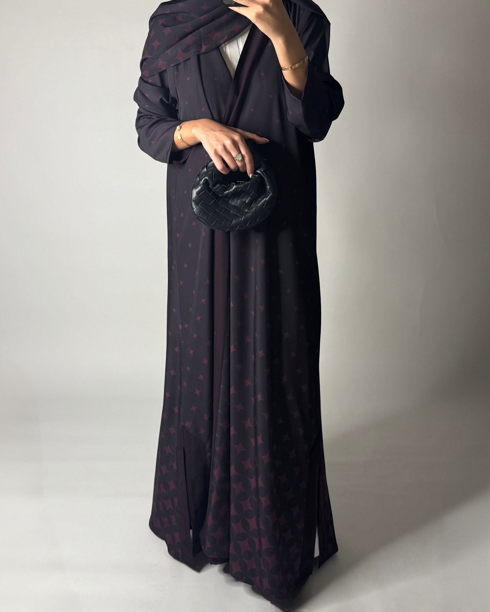 A587 - Burgandy Maroon Stars A-Cut Pattern Abaya & Matching Head Scarf