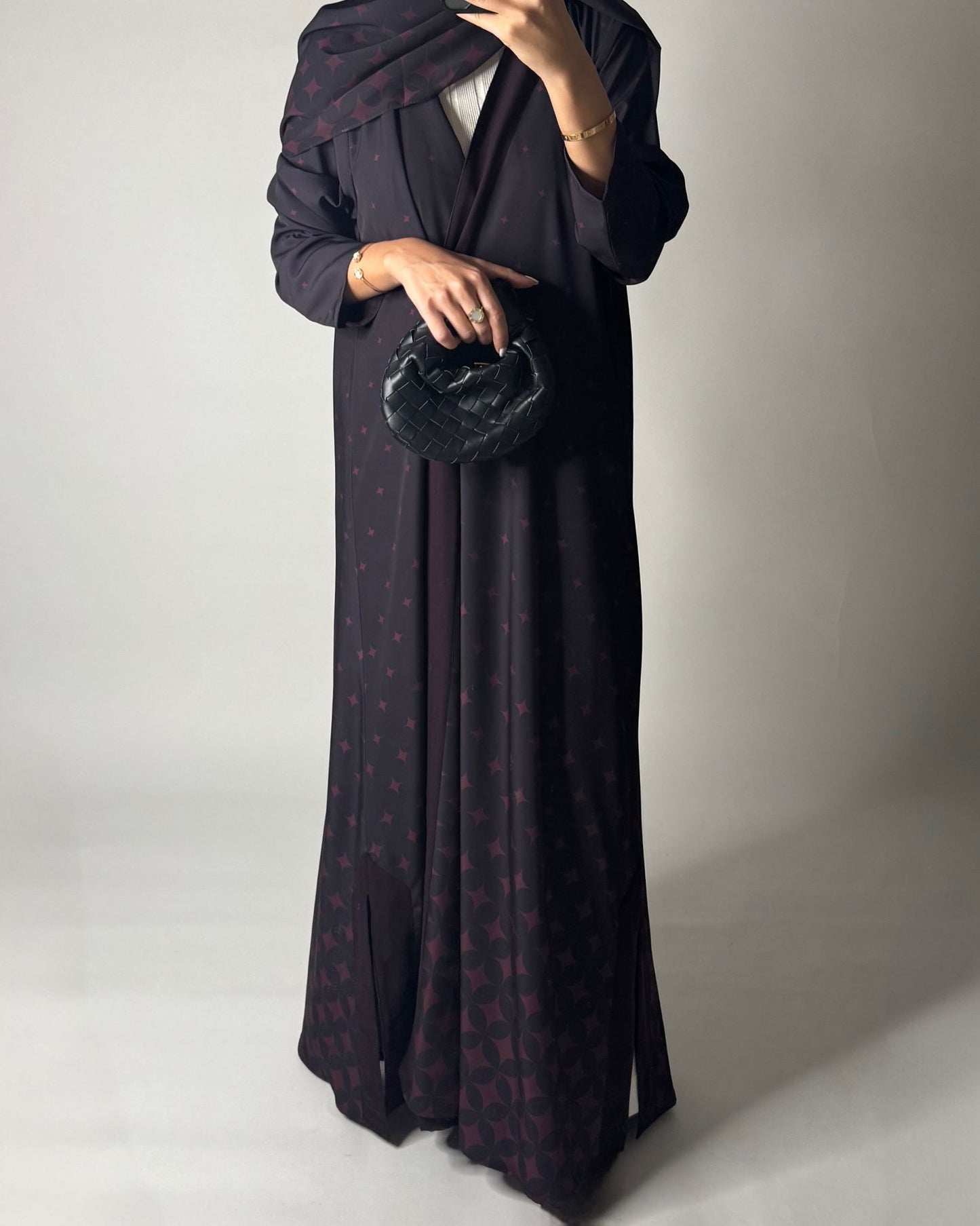 A587 - Burgandy Maroon Stars A-Cut Pattern Abaya & Matching Head Scarf