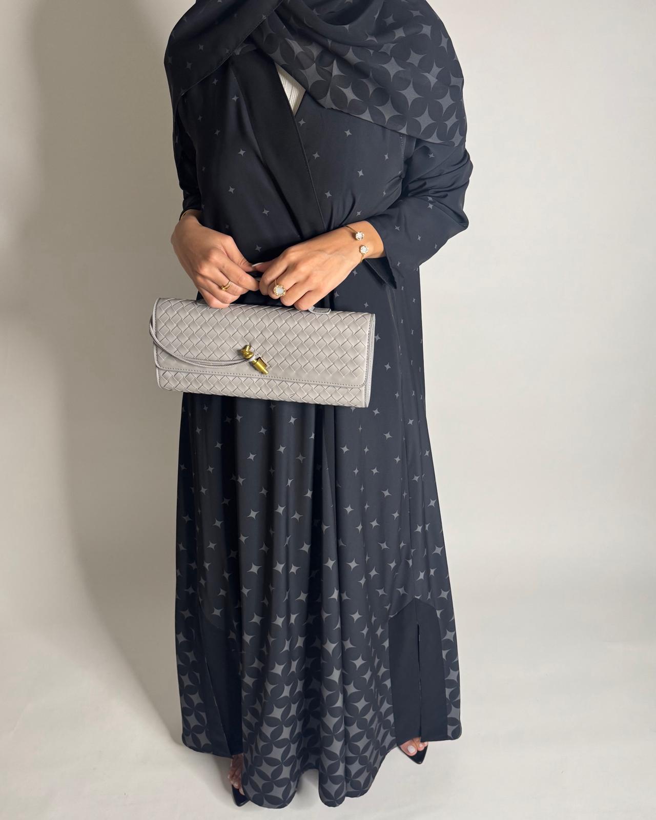 A588 - Black & Gray Stars A-Cut Pattern Abaya & Matching Head Scarf