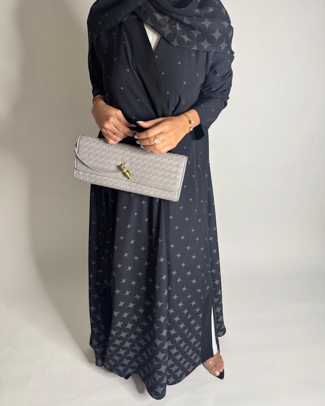 A588 - Black & Gray Stars A-Cut Pattern Abaya & Matching Head Scarf