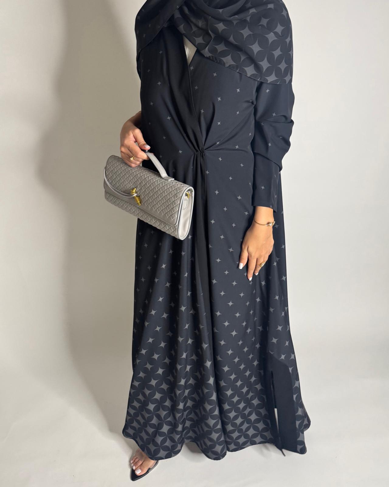 A588 - Black & Gray Stars A-Cut Pattern Abaya & Matching Head Scarf