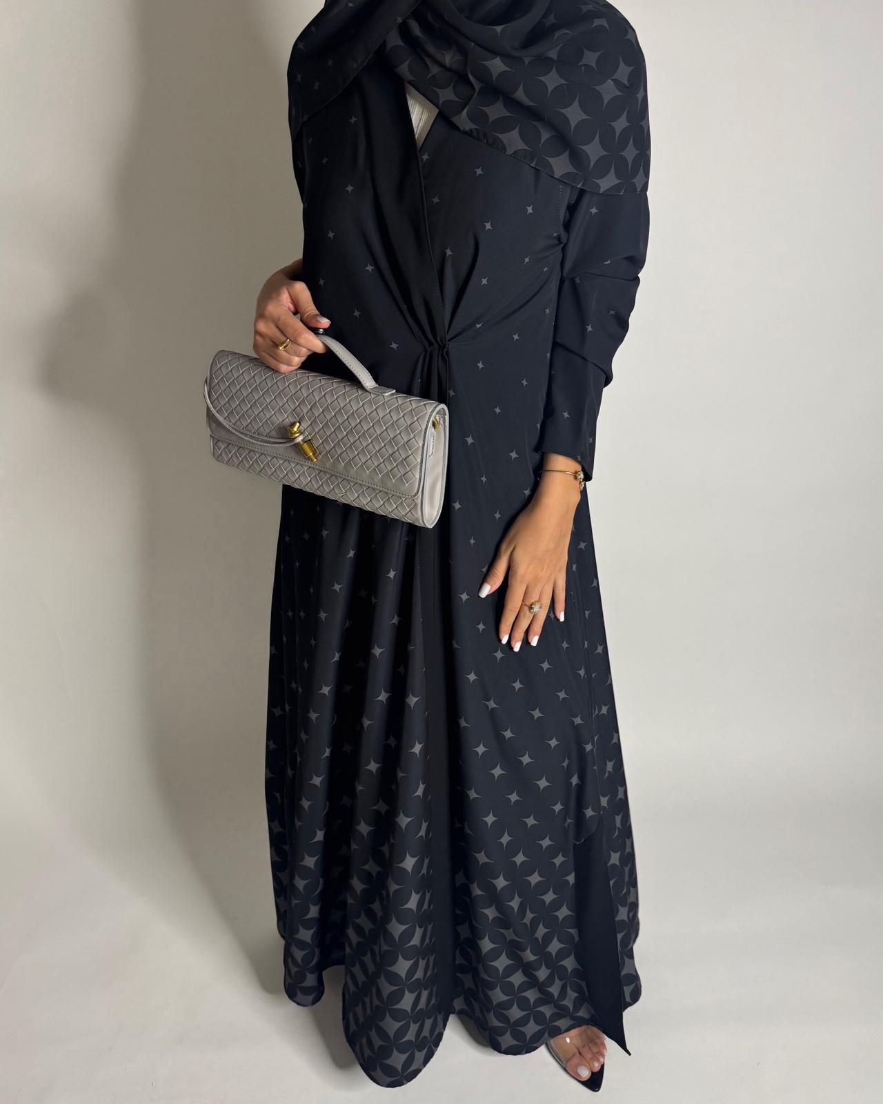 A588 - Black & Gray Stars A-Cut Pattern Abaya & Matching Head Scarf