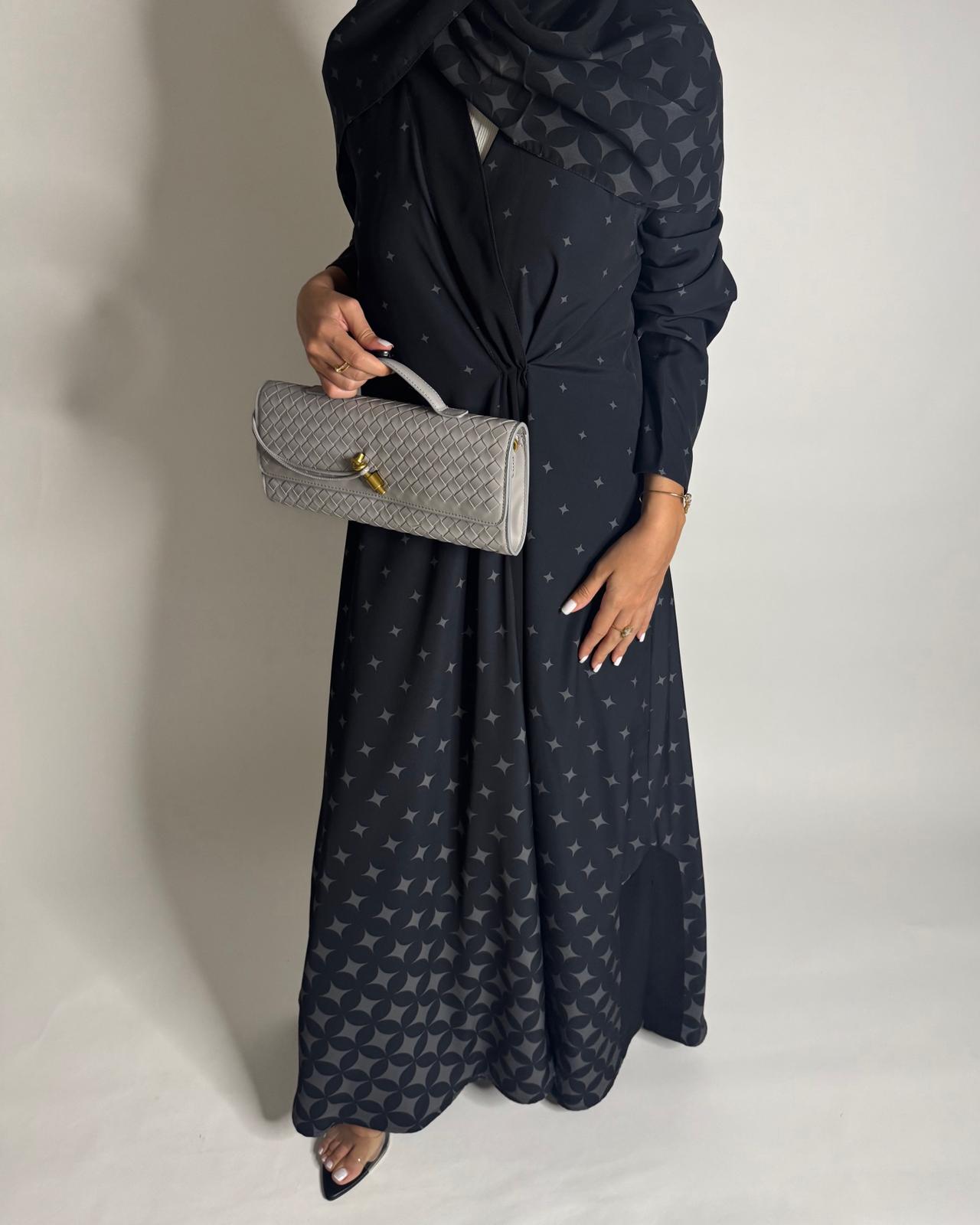 A588 - Black & Gray Stars A-Cut Pattern Abaya & Matching Head Scarf