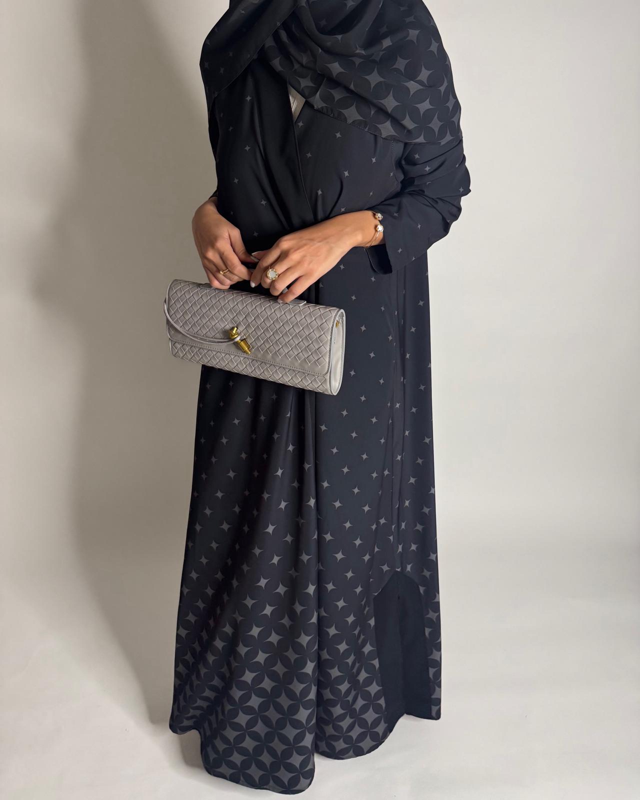 A588 - Black & Gray Stars A-Cut Pattern Abaya & Matching Head Scarf