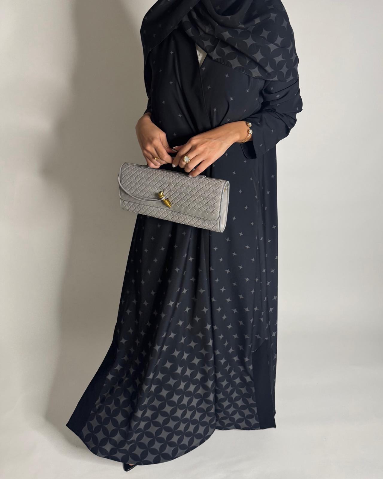 A588 - Black & Gray Stars A-Cut Pattern Abaya & Matching Head Scarf
