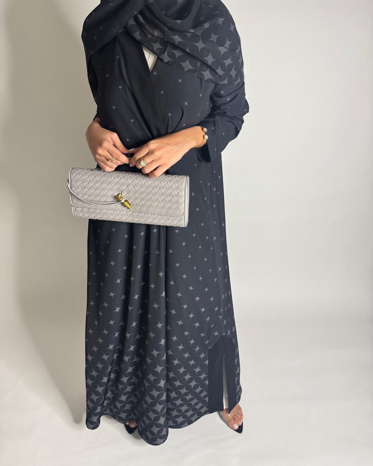 A588 - Black & Gray Stars A-Cut Pattern Abaya & Matching Head Scarf