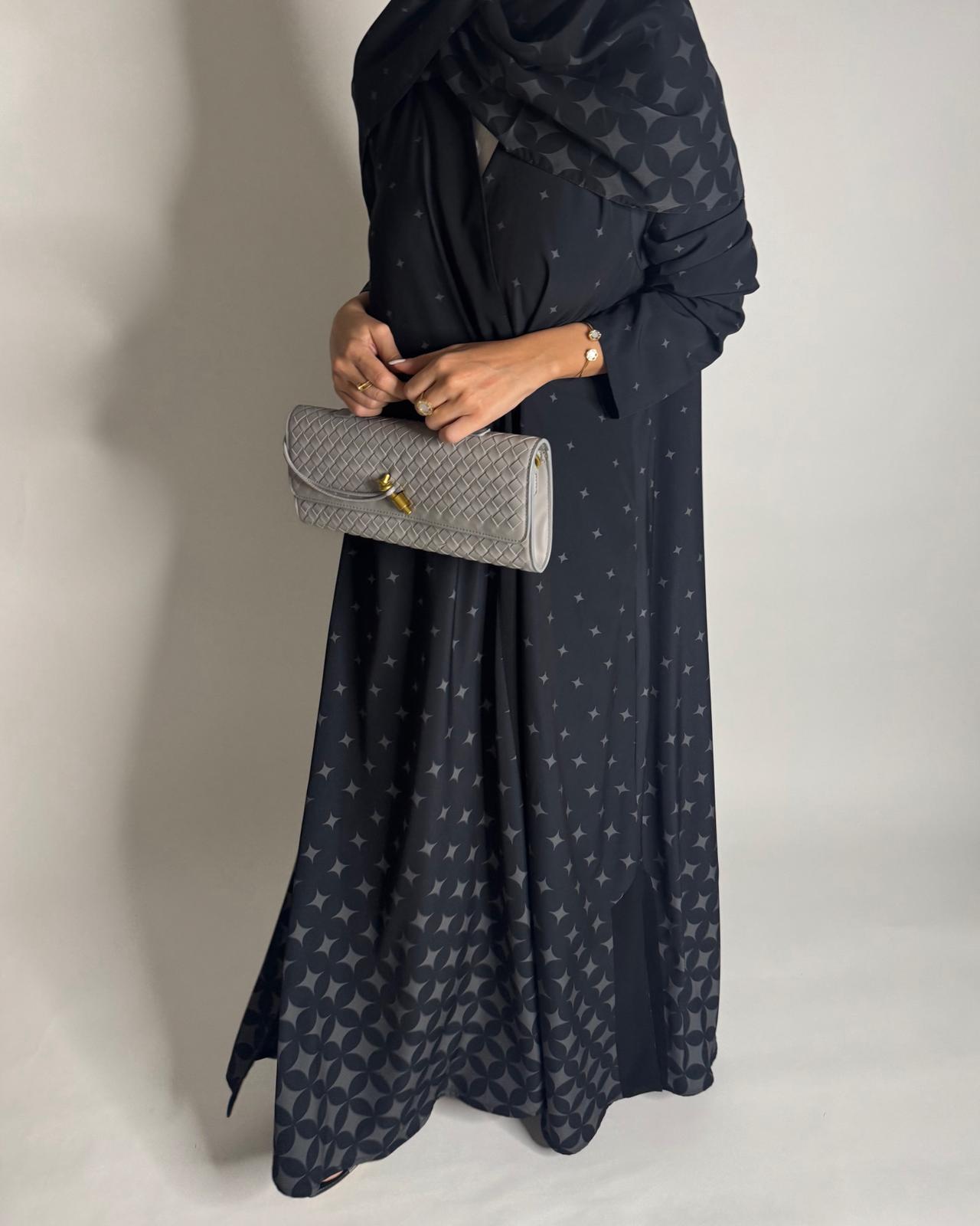 A588 - Black & Gray Stars A-Cut Pattern Abaya & Matching Head Scarf