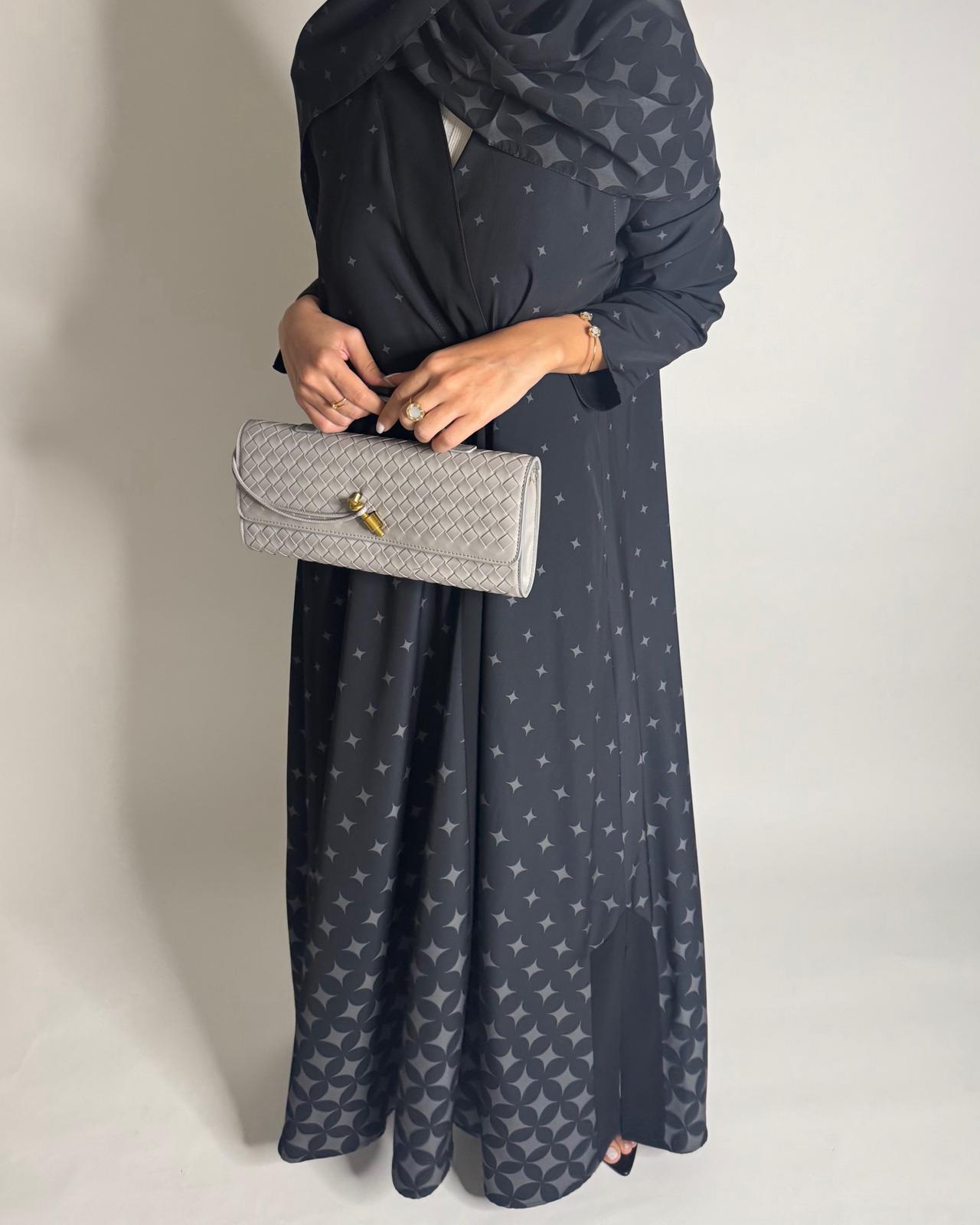 A588 - Black & Gray Stars A-Cut Pattern Abaya & Matching Head Scarf