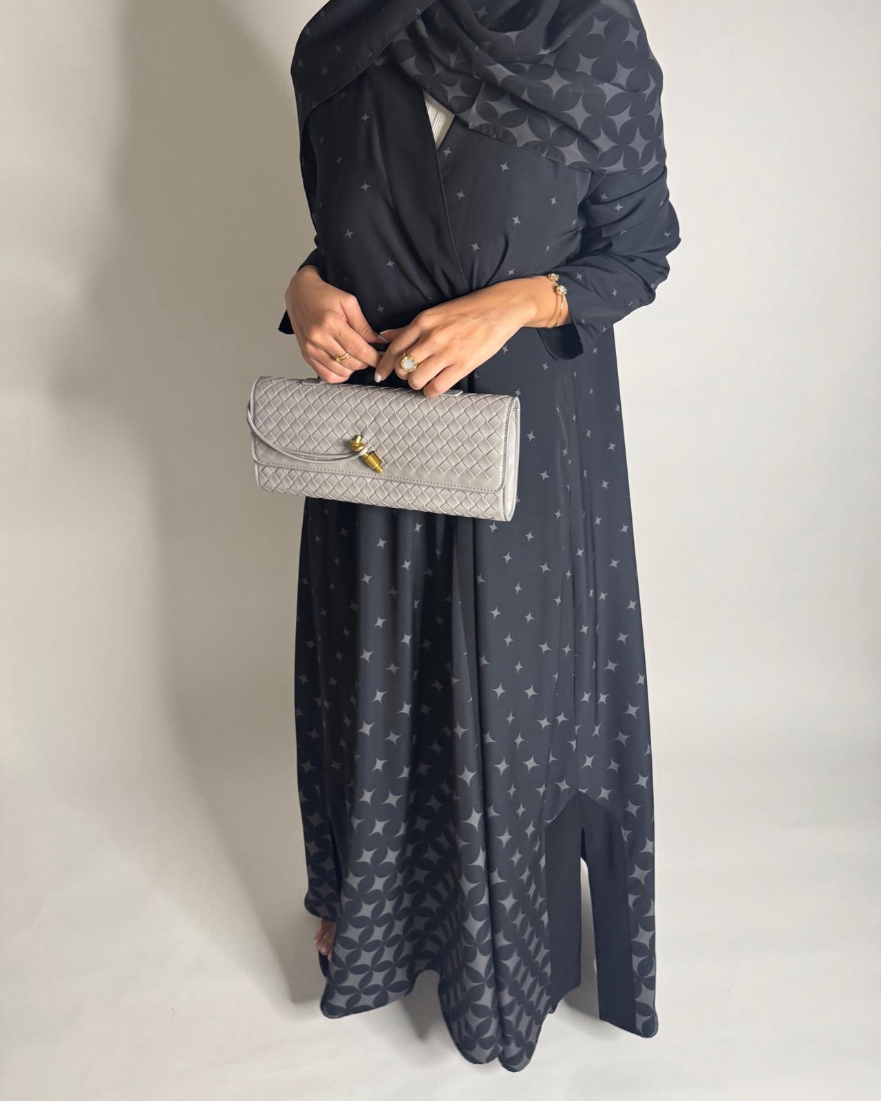 A588 - Black & Gray Stars A-Cut Pattern Abaya & Matching Head Scarf