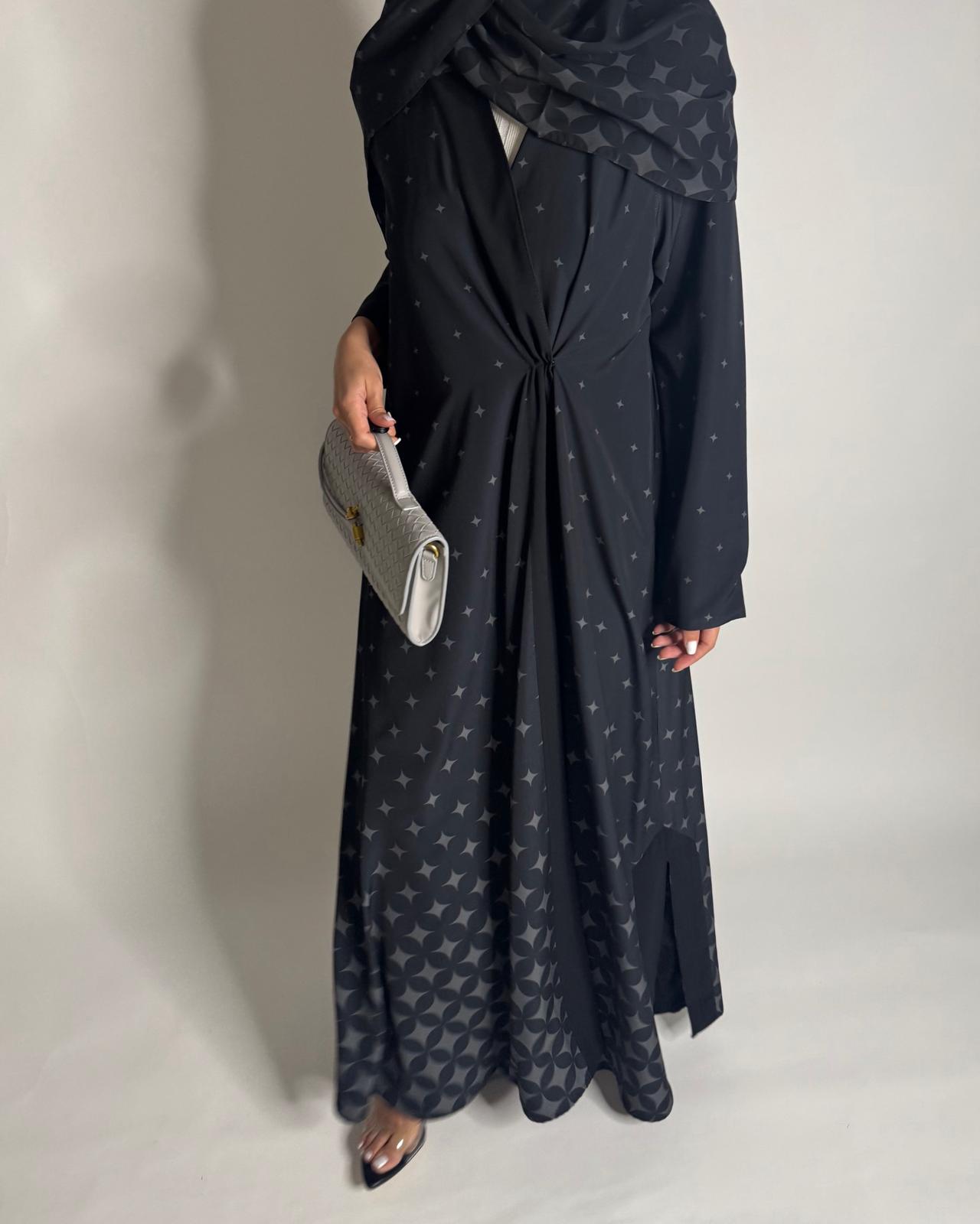 A588 - Black & Gray Stars A-Cut Pattern Abaya & Matching Head Scarf