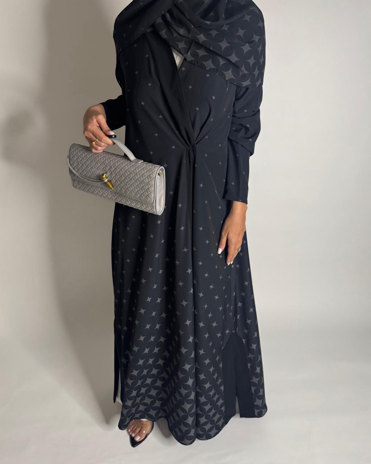 A588 - Black & Gray Stars A-Cut Pattern Abaya & Matching Head Scarf