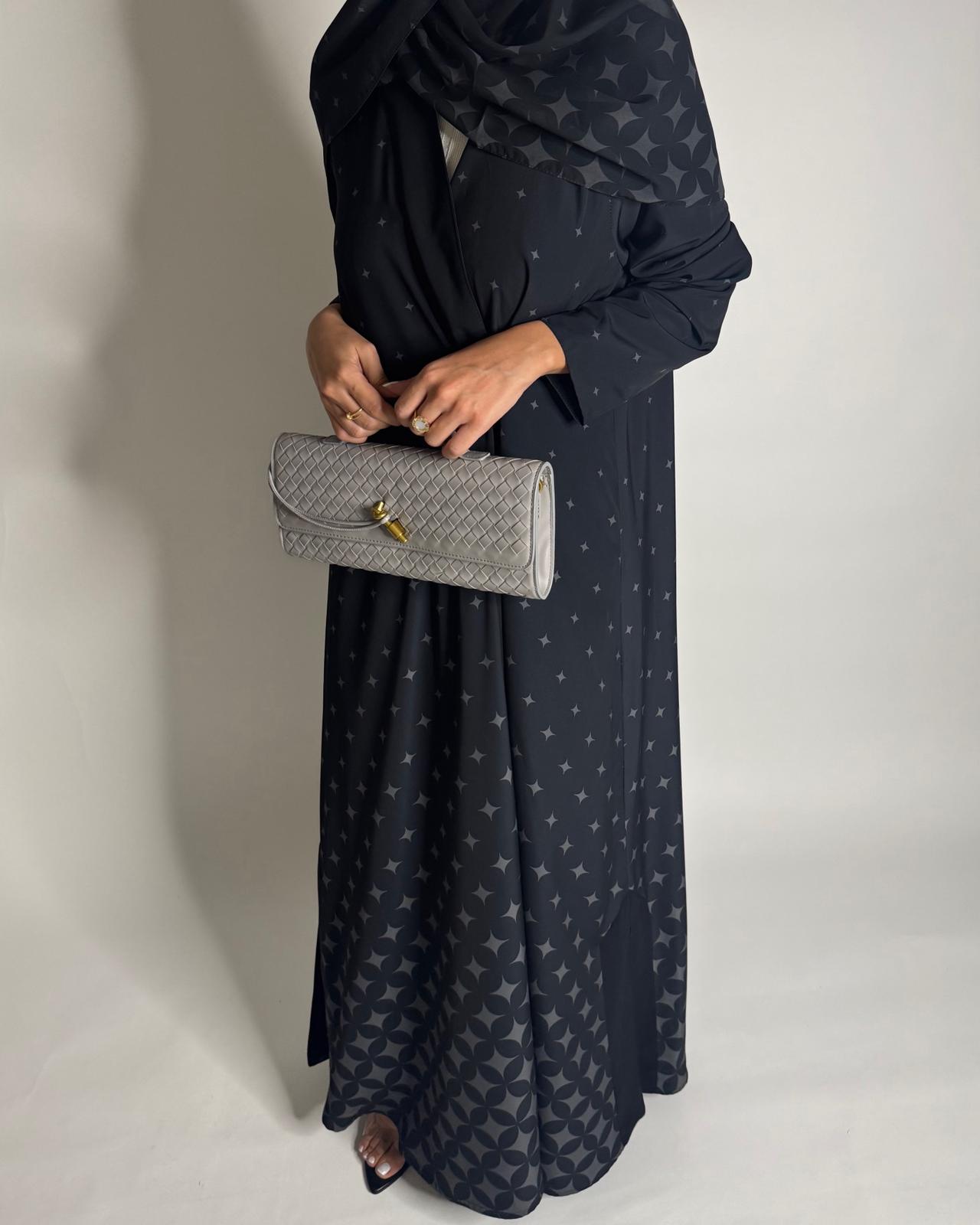 A588 - Black & Gray Stars A-Cut Pattern Abaya & Matching Head Scarf