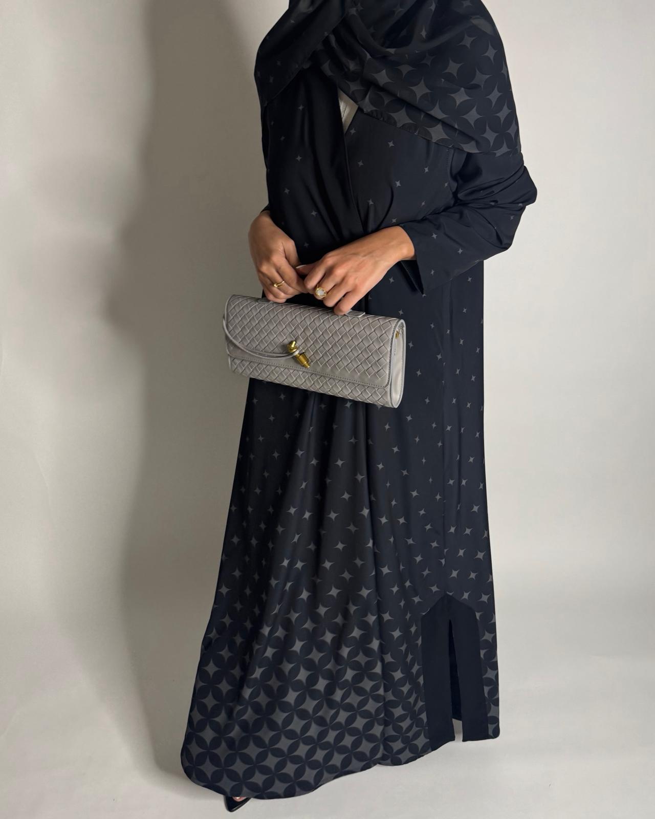 A588 - Black & Gray Stars A-Cut Pattern Abaya & Matching Head Scarf