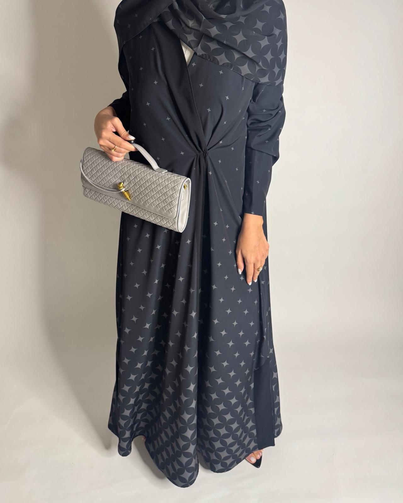 A588 - Black & Gray Stars A-Cut Pattern Abaya & Matching Head Scarf