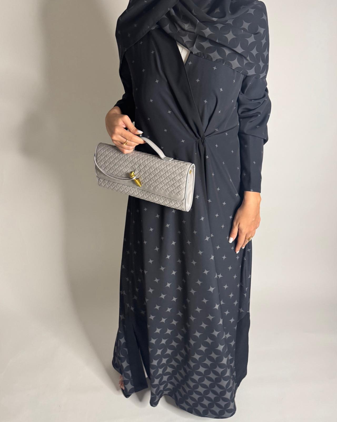 A588 - Black & Gray Stars A-Cut Pattern Abaya & Matching Head Scarf