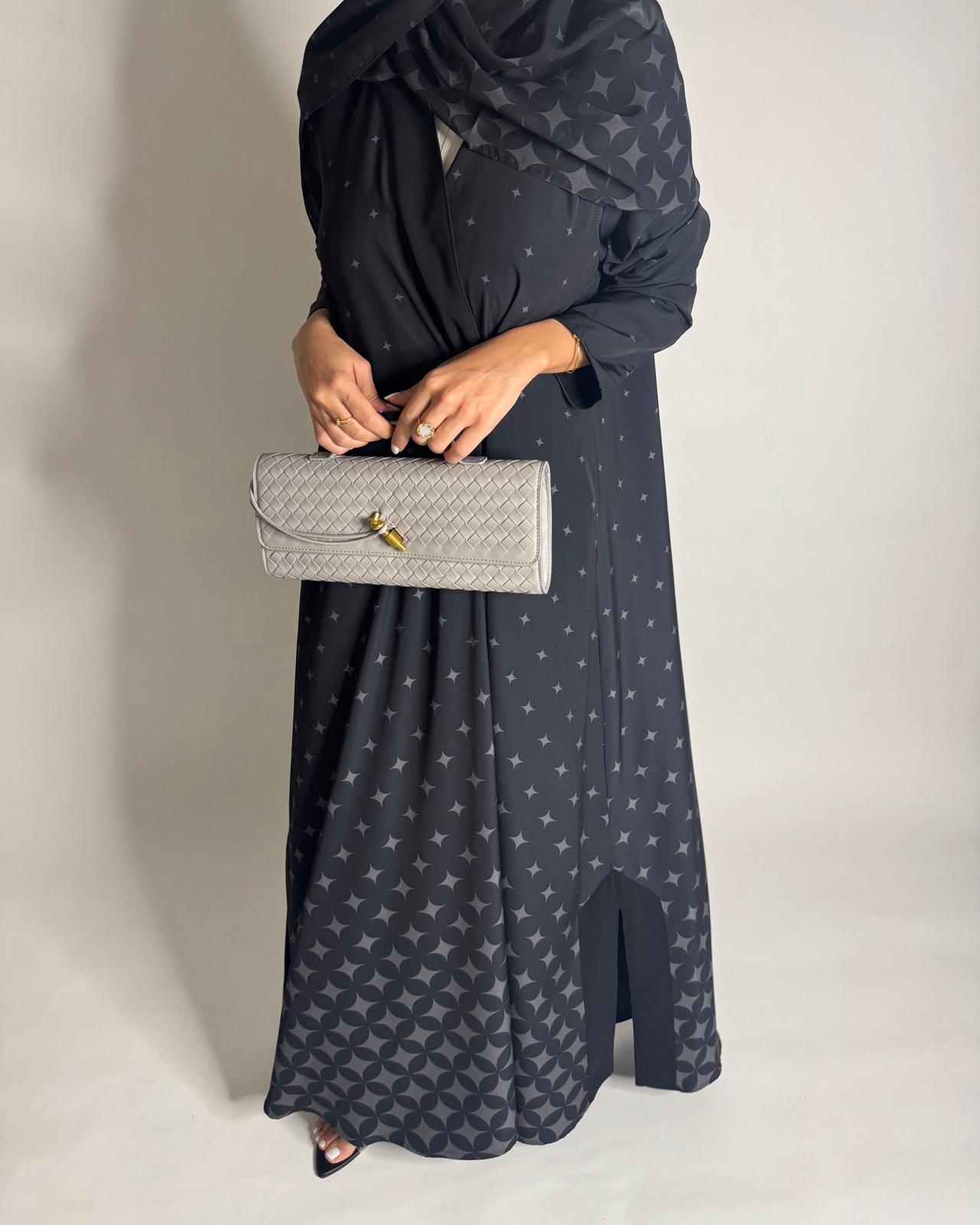 A588 - Black & Gray Stars A-Cut Pattern Abaya & Matching Head Scarf
