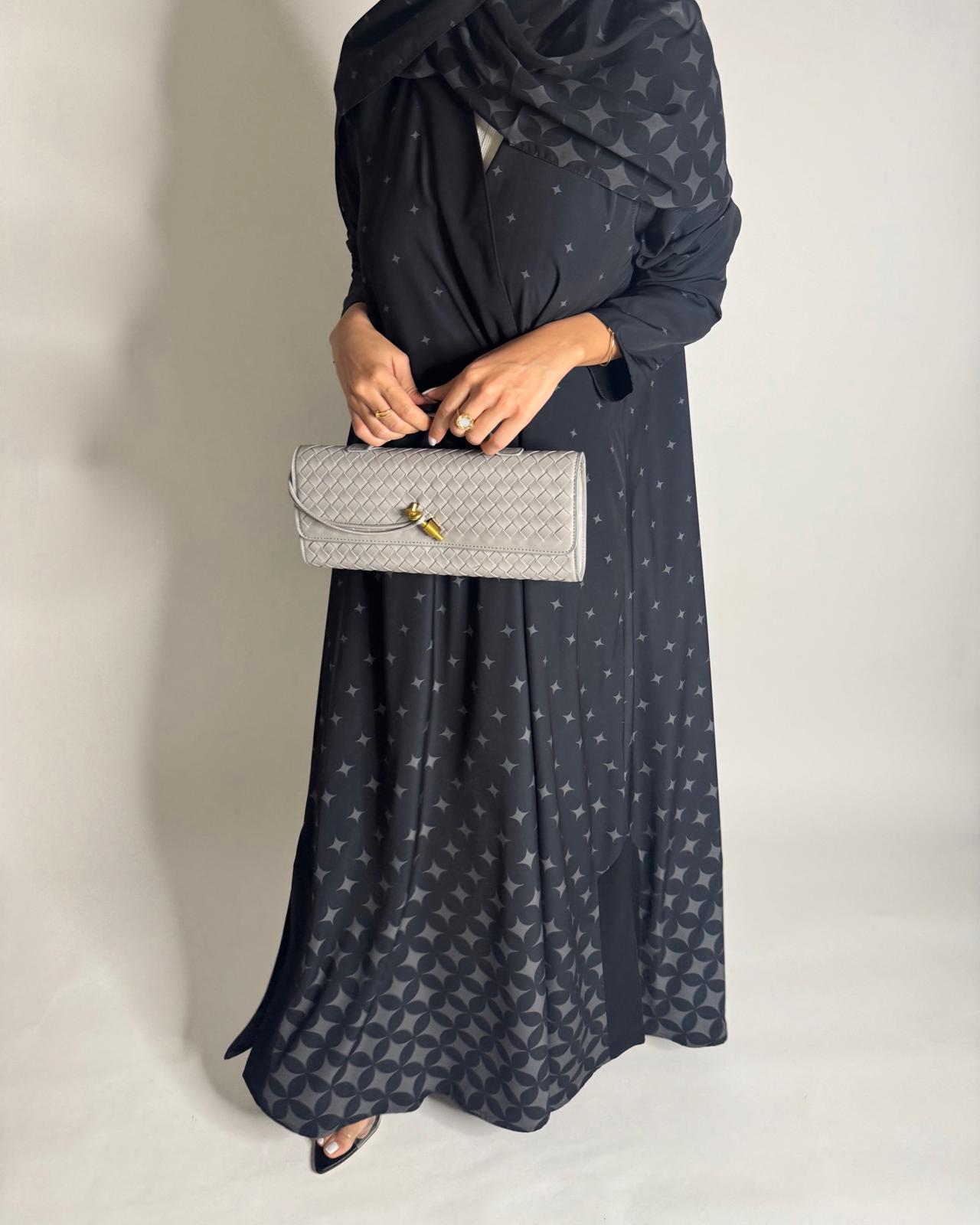 A588 - Black & Gray Stars A-Cut Pattern Abaya & Matching Head Scarf