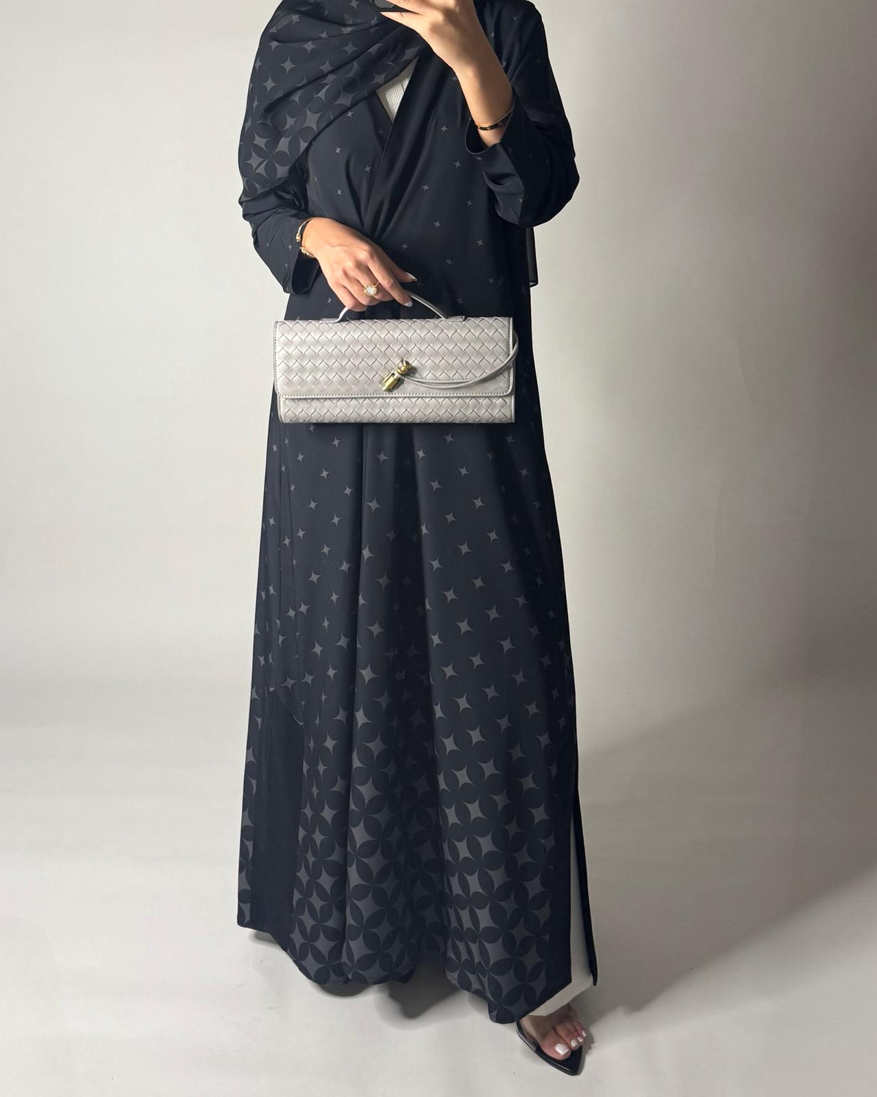 A588 - Black & Gray Stars A-Cut Pattern Abaya & Matching Head Scarf