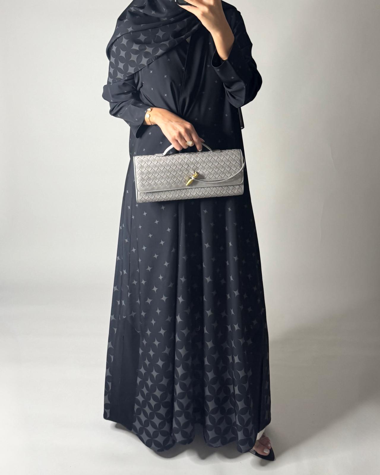 A588 - Black & Gray Stars A-Cut Pattern Abaya & Matching Head Scarf