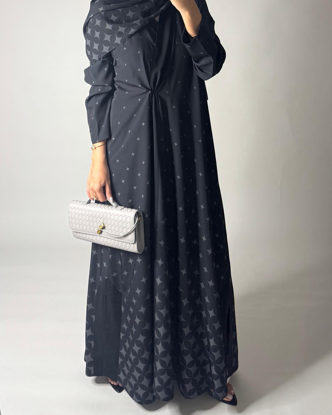 A588 - Black & Gray Stars A-Cut Pattern Abaya & Matching Head Scarf