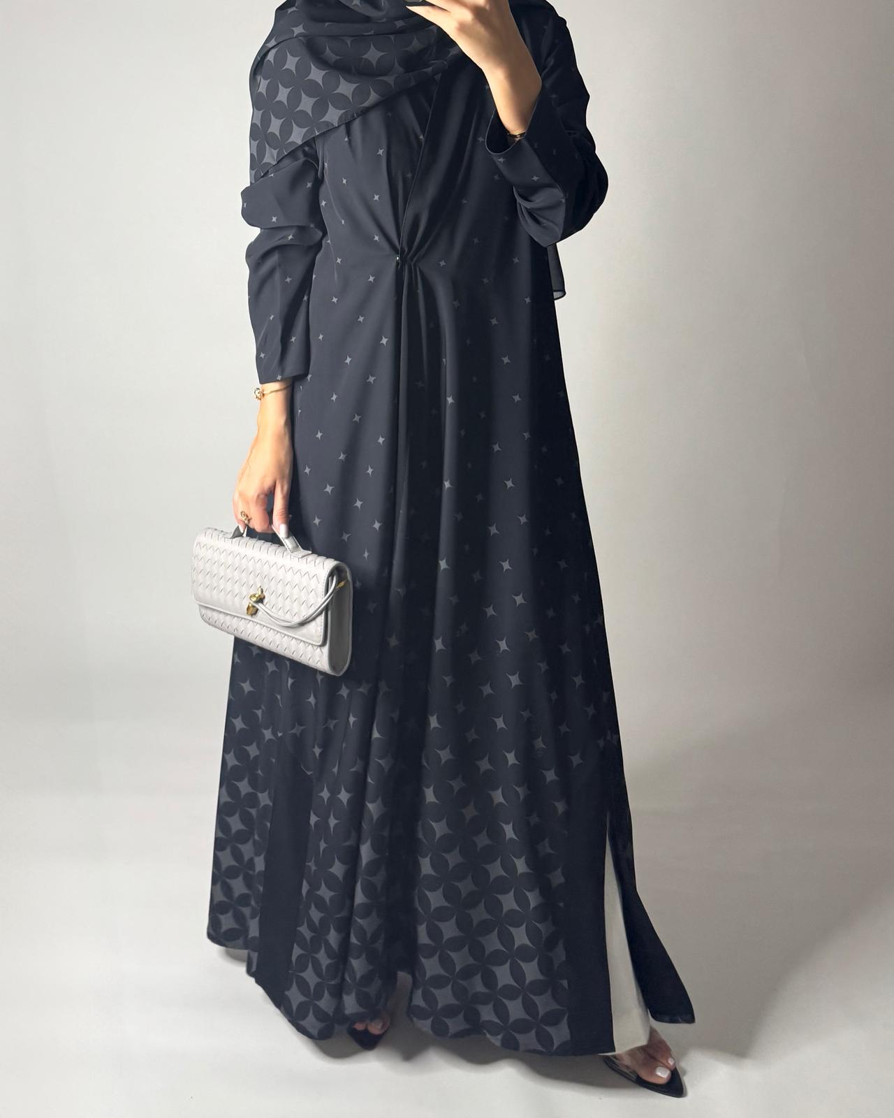 A588 - Black & Gray Stars A-Cut Pattern Abaya & Matching Head Scarf