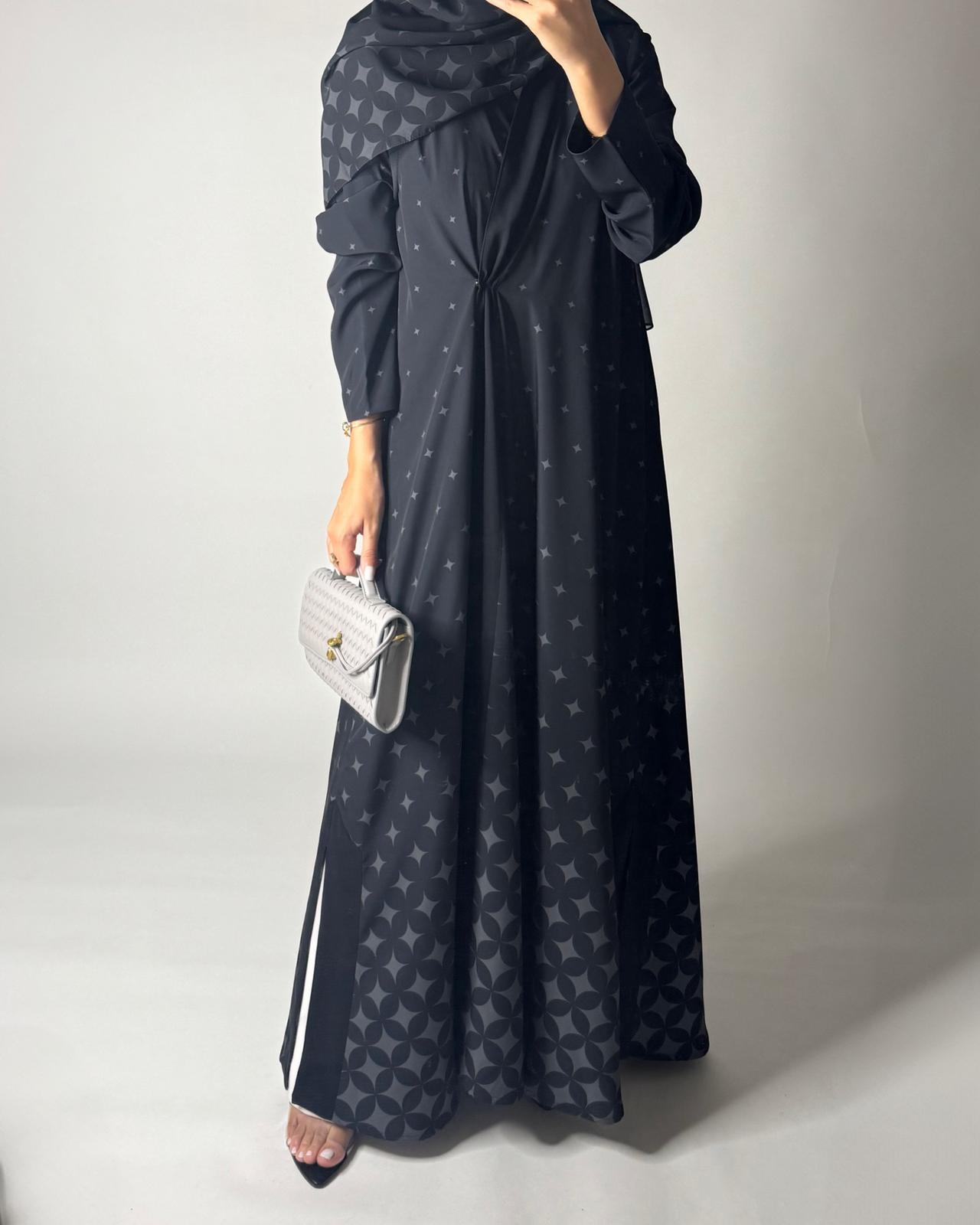 A588 - Black & Gray Stars A-Cut Pattern Abaya & Matching Head Scarf