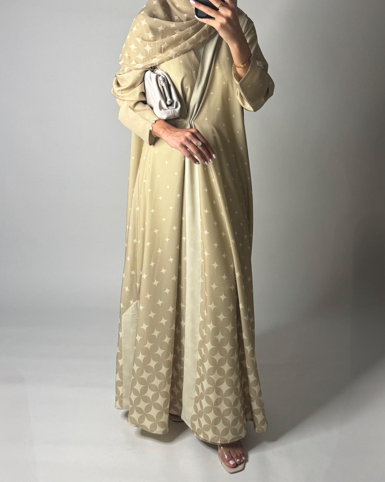 A585 - Beige -ish Yellow Stars A-Cut Pattern Abaya & Matching Head Scarf