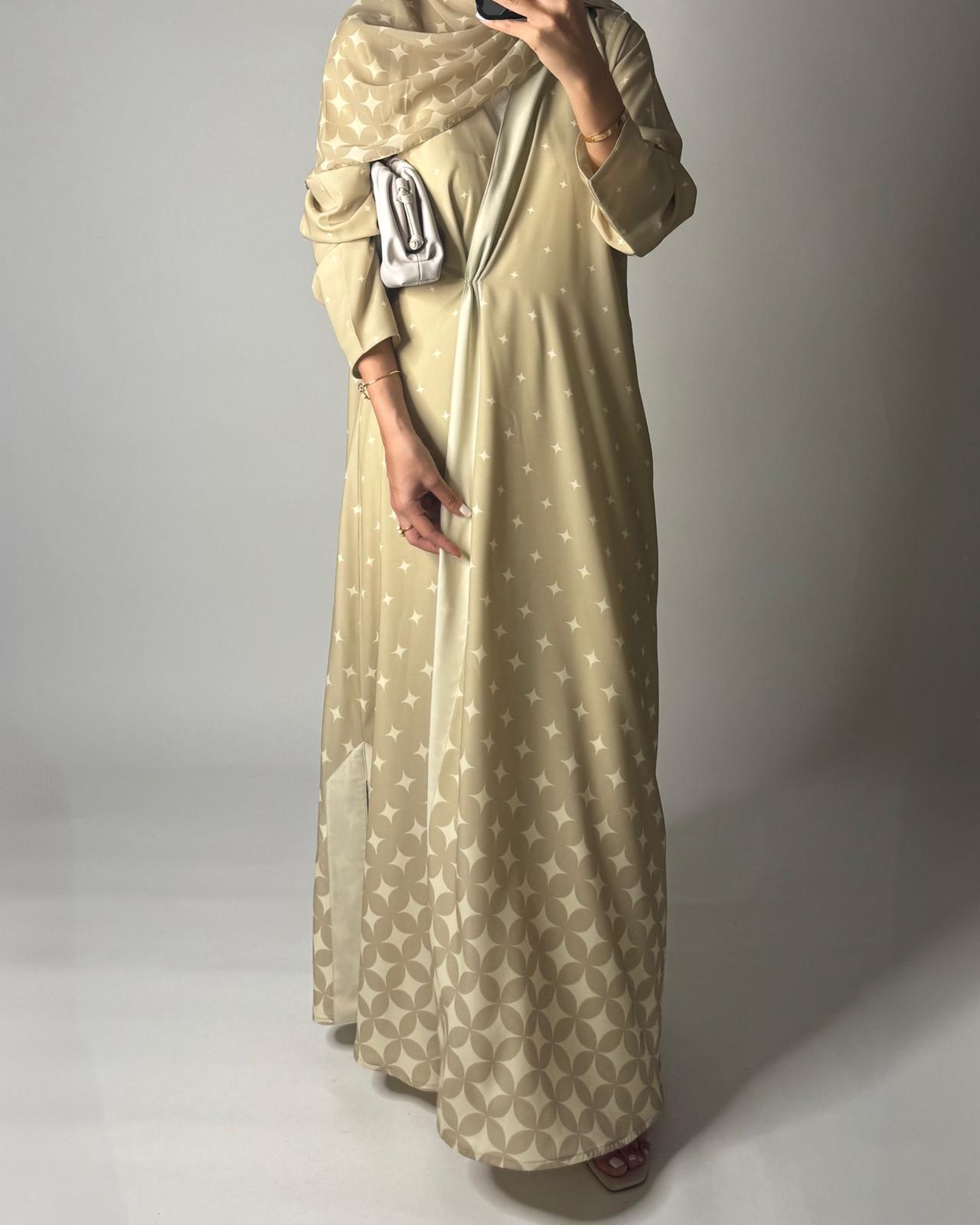 A585 - Beige -ish Yellow Stars A-Cut Pattern Abaya & Matching Head Scarf