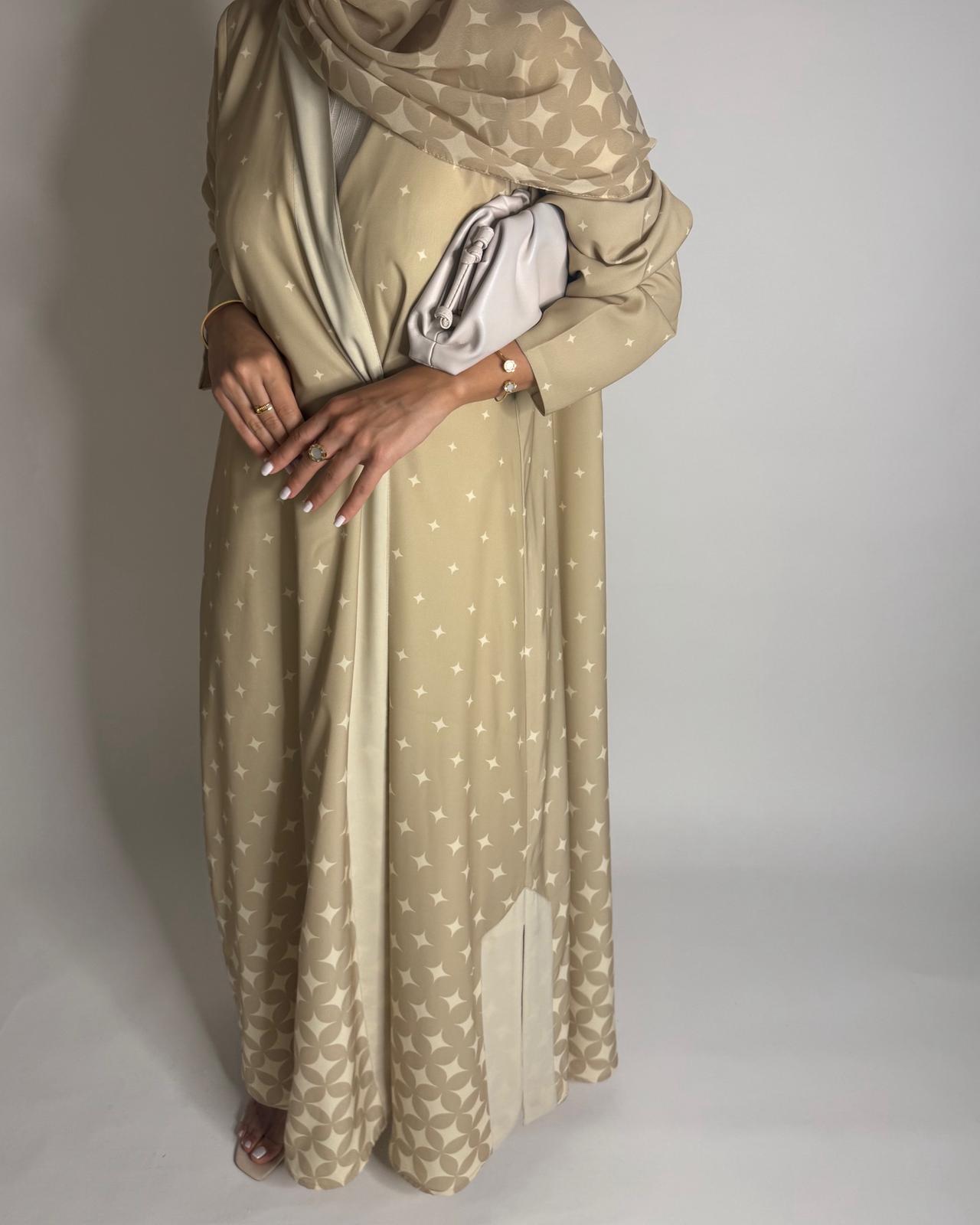 A585 - Beige -ish Yellow Stars A-Cut Pattern Abaya & Matching Head Scarf