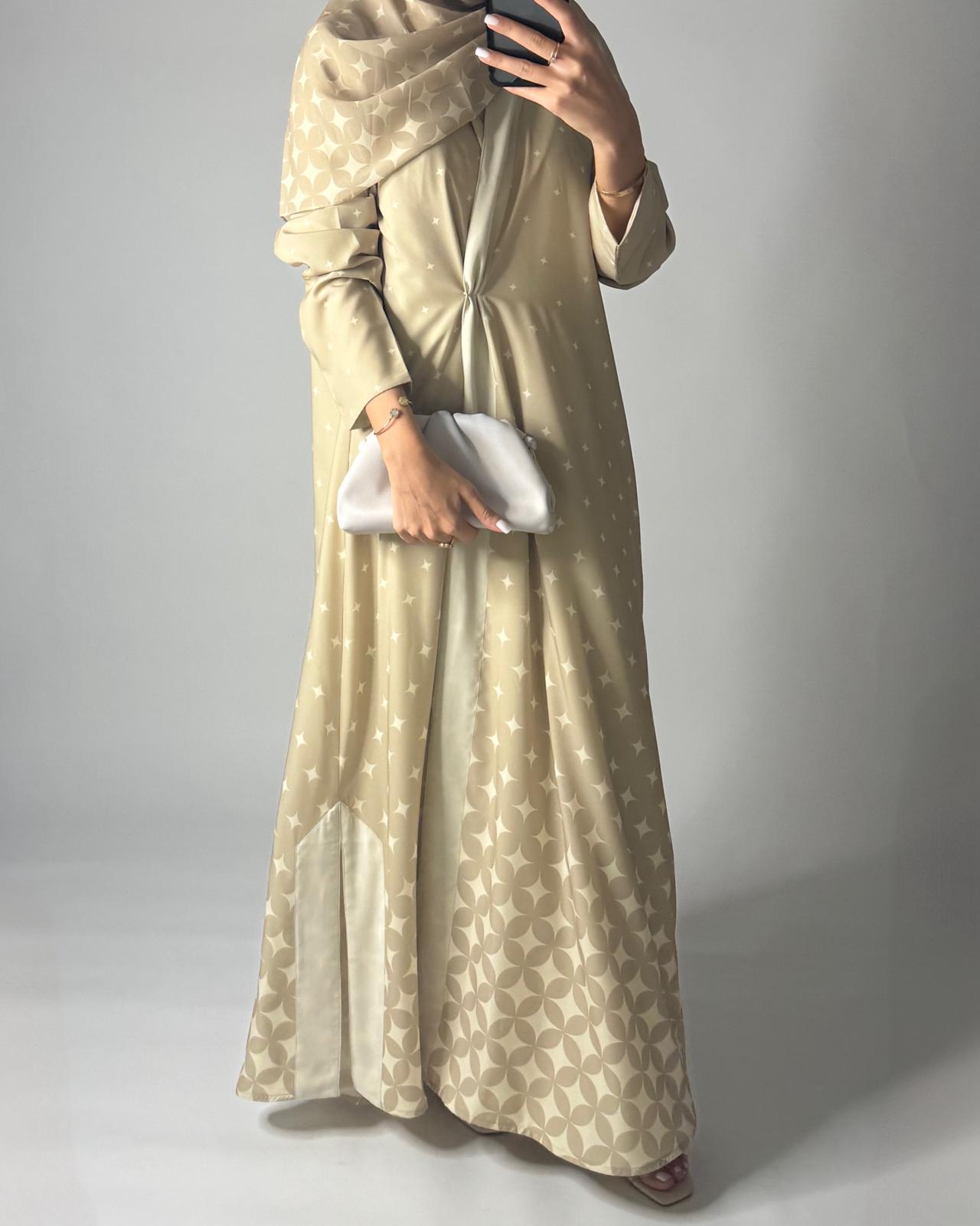 A585 - Beige -ish Yellow Stars A-Cut Pattern Abaya & Matching Head Scarf