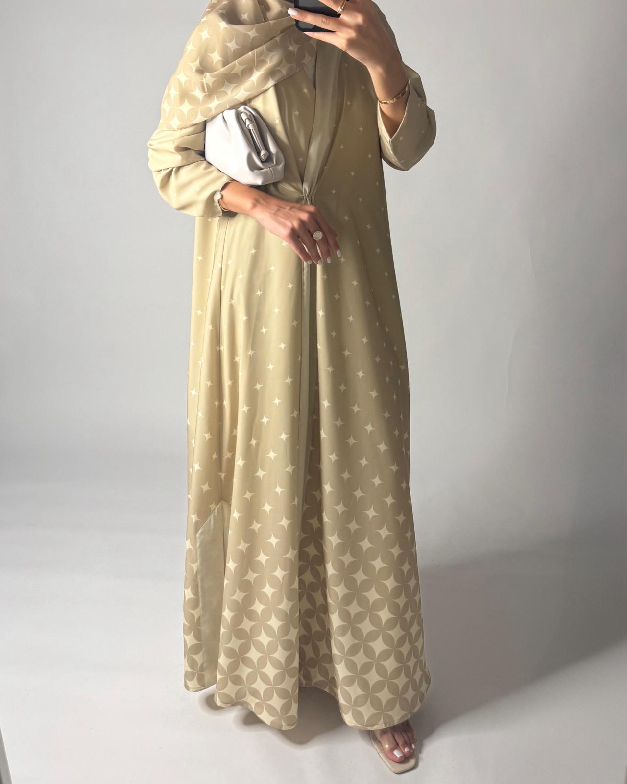 A585 - Beige -ish Yellow Stars A-Cut Pattern Abaya & Matching Head Scarf