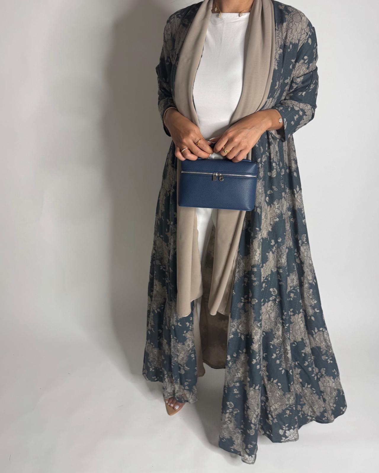 A596 - Blue & Beige Linen & Lace A-CUT Summery Abaya & Matching Head Scarf