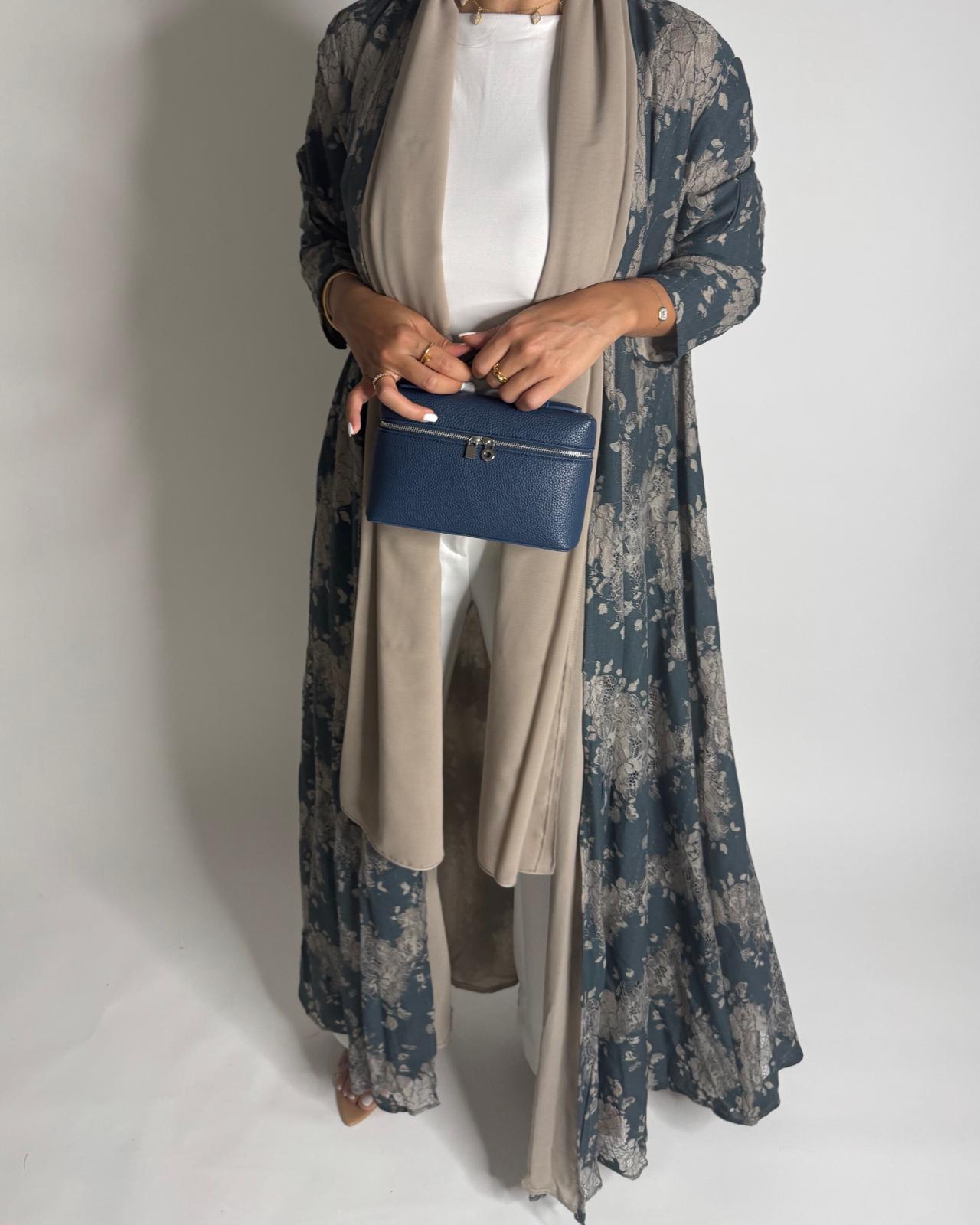 A596 - Blue & Beige Linen & Lace A-CUT Summery Abaya & Matching Head Scarf