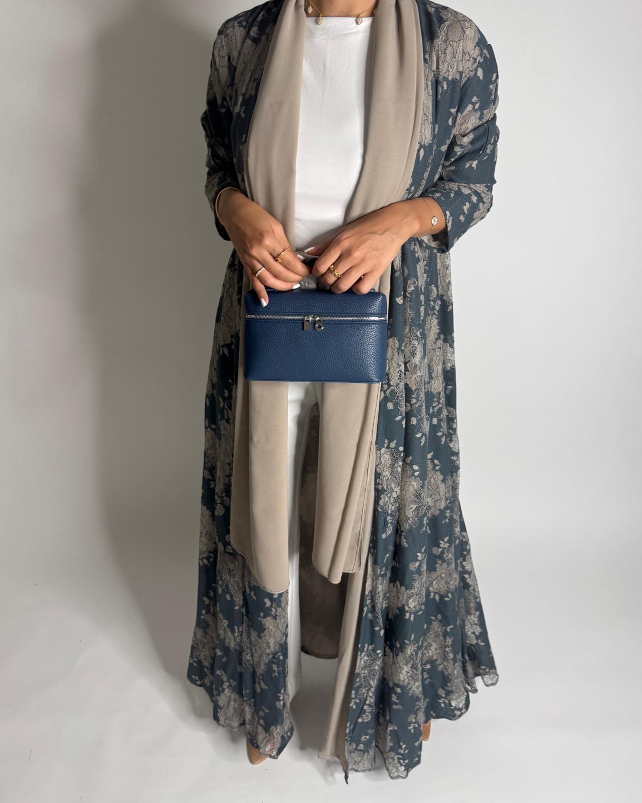A596 - Blue & Beige Linen & Lace A-CUT Summery Abaya & Matching Head Scarf