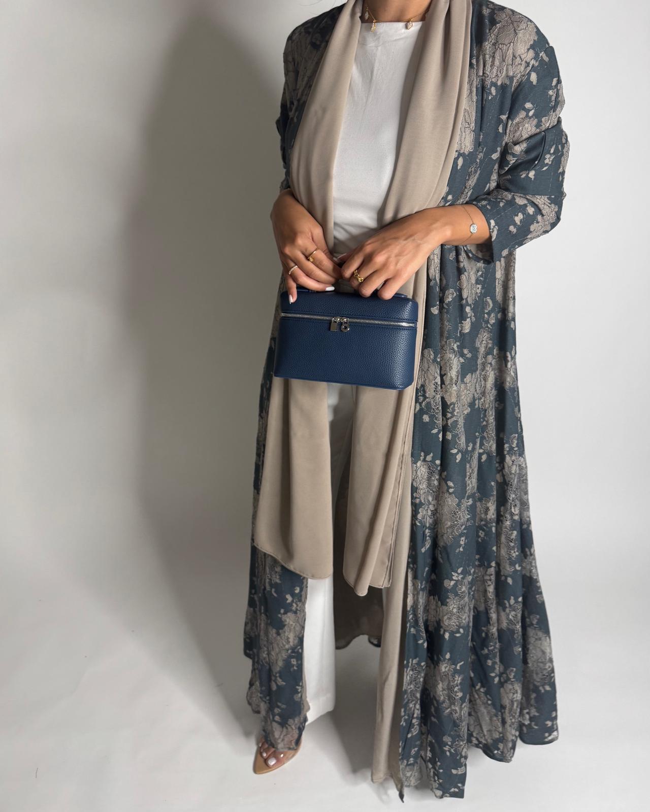 A596 - Blue & Beige Linen & Lace A-CUT Summery Abaya & Matching Head Scarf