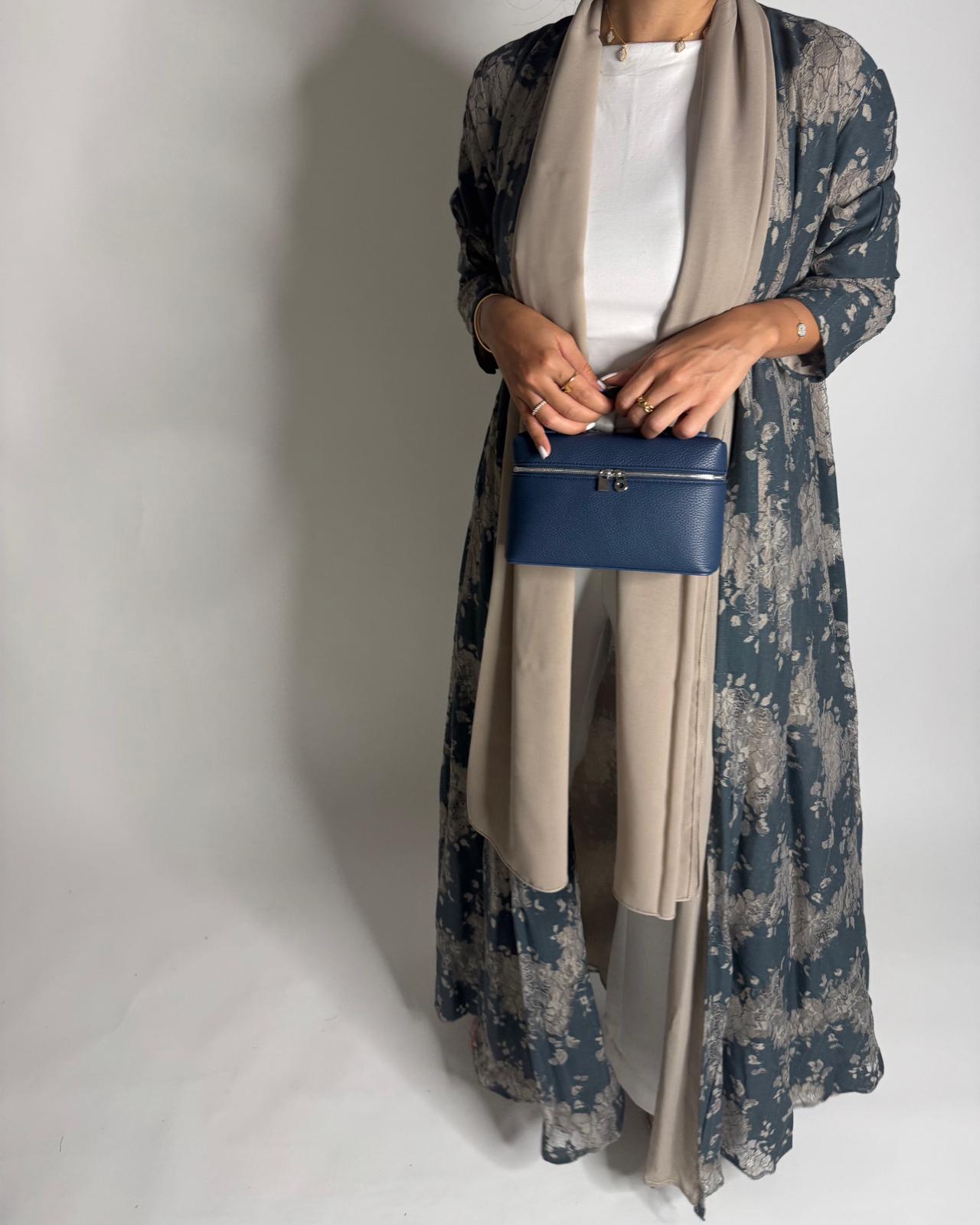 A596 - Blue & Beige Linen & Lace A-CUT Summery Abaya & Matching Head Scarf