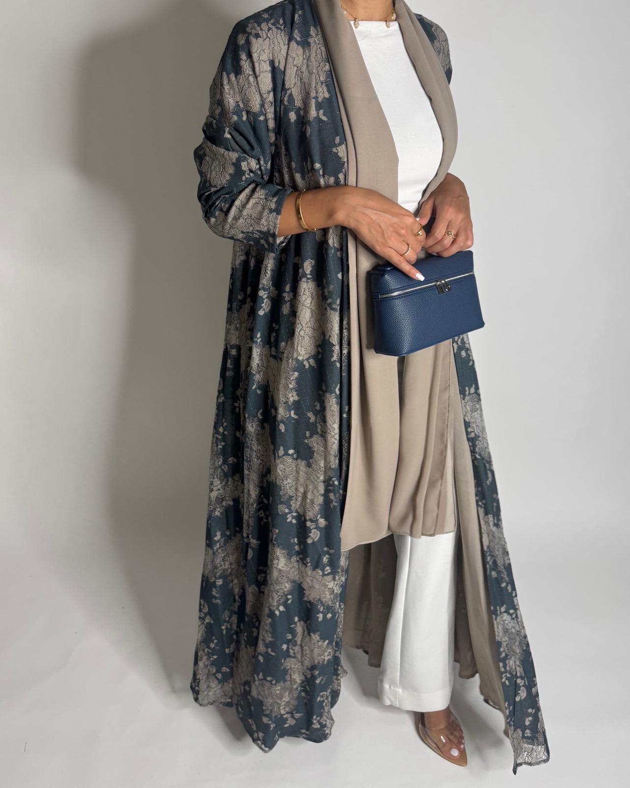 A596 - Blue & Beige Linen & Lace A-CUT Summery Abaya & Matching Head Scarf