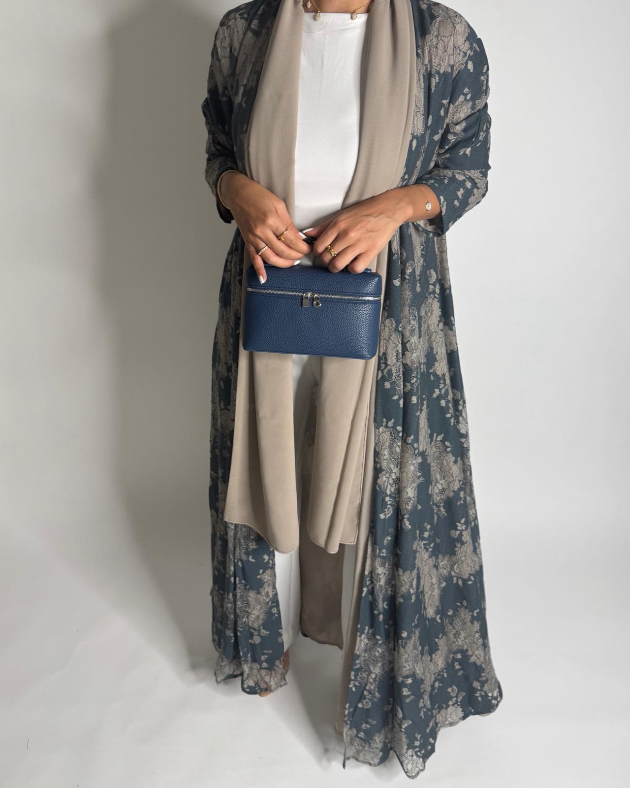 A596 - Blue & Beige Linen & Lace A-CUT Summery Abaya & Matching Head Scarf
