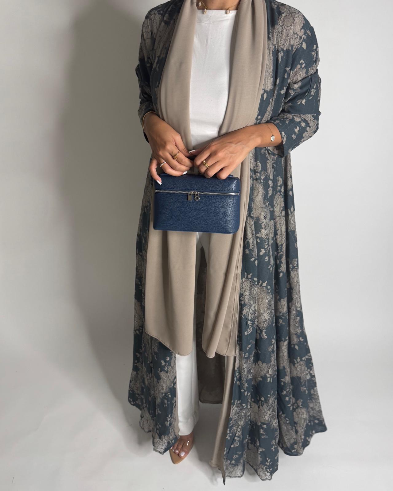 A596 - Blue & Beige Linen & Lace A-CUT Summery Abaya & Matching Head Scarf