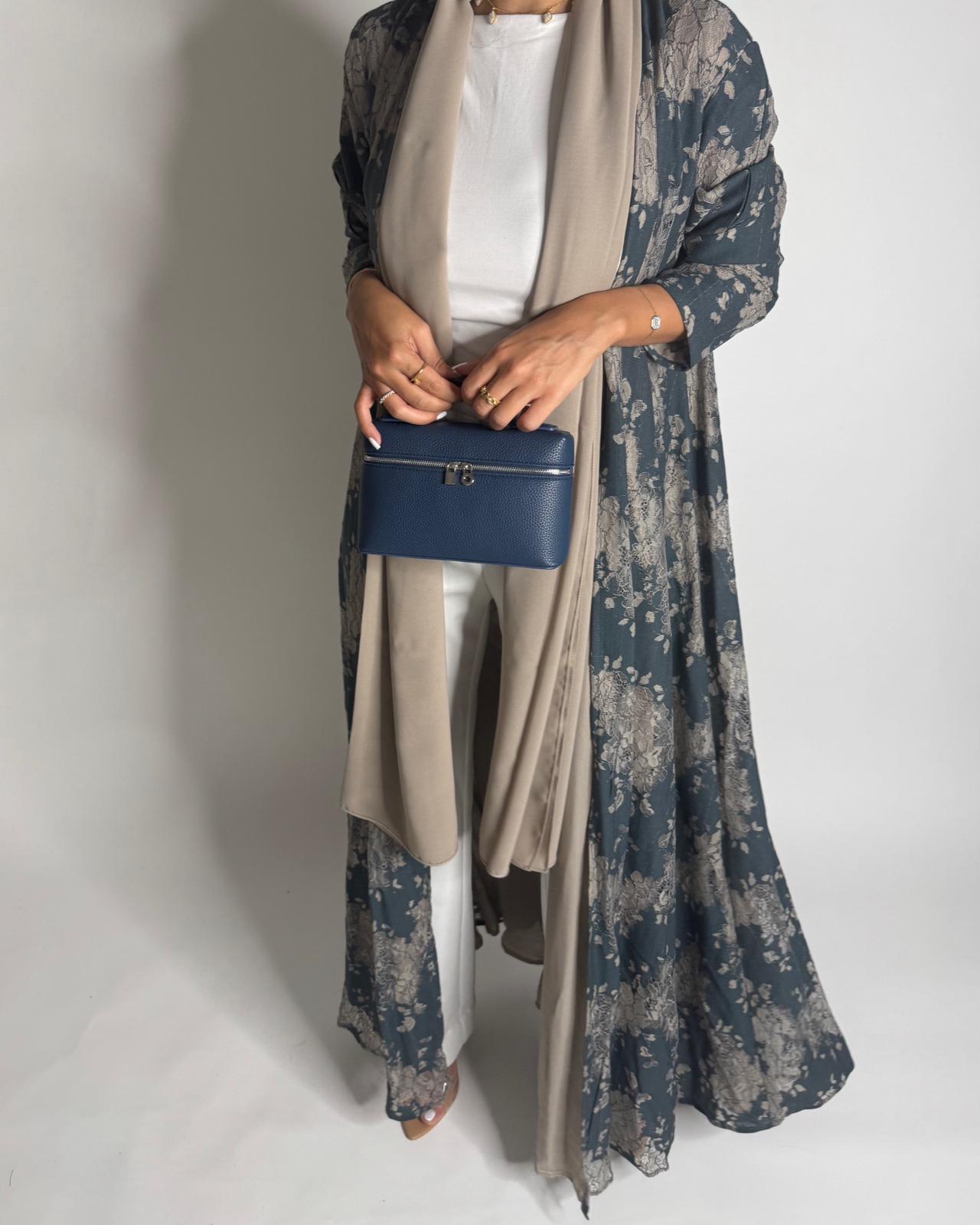 A596 - Blue & Beige Linen & Lace A-CUT Summery Abaya & Matching Head Scarf