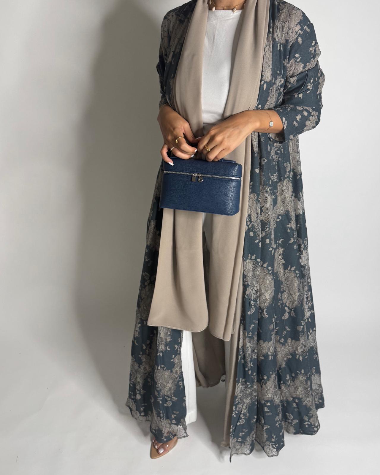 A596 - Blue & Beige Linen & Lace A-CUT Summery Abaya & Matching Head Scarf
