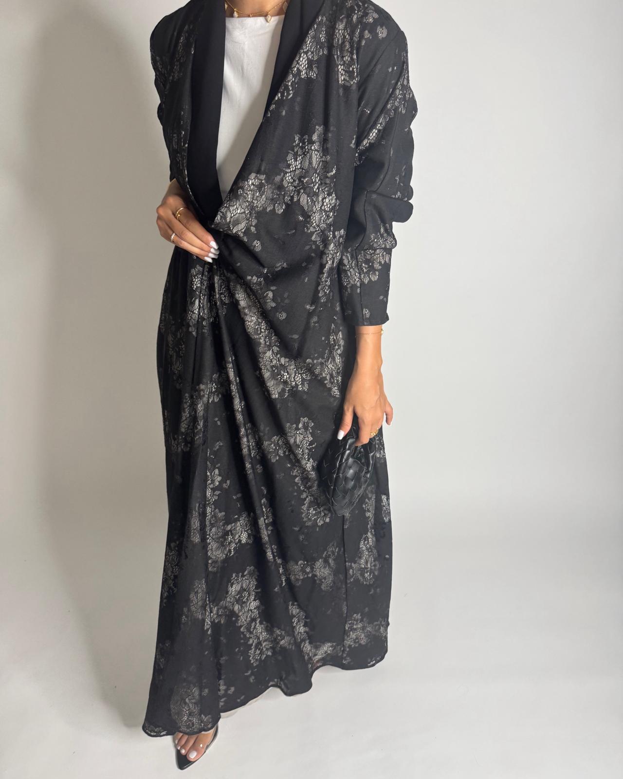A593 - Black Linen & Lace A-CUT Summery Abaya & Matching Head Scarf