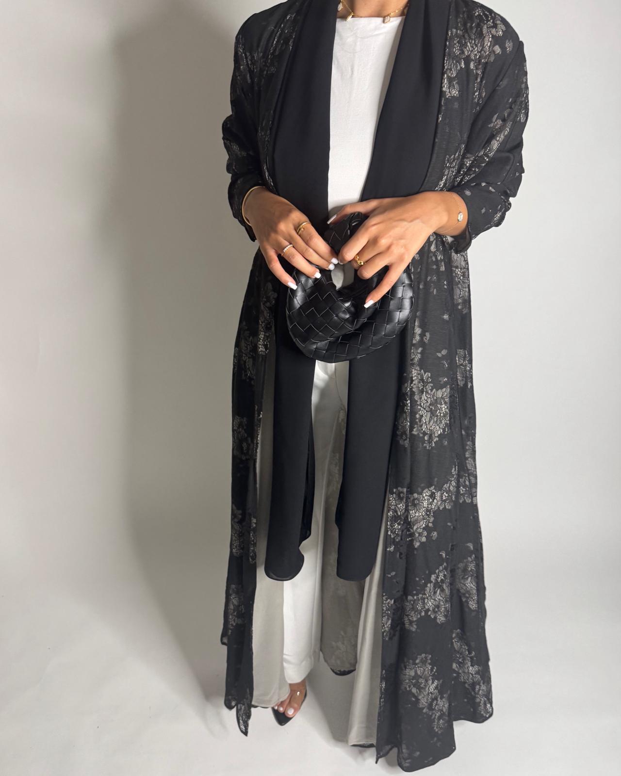A593 - Black Linen & Lace A-CUT Summery Abaya & Matching Head Scarf