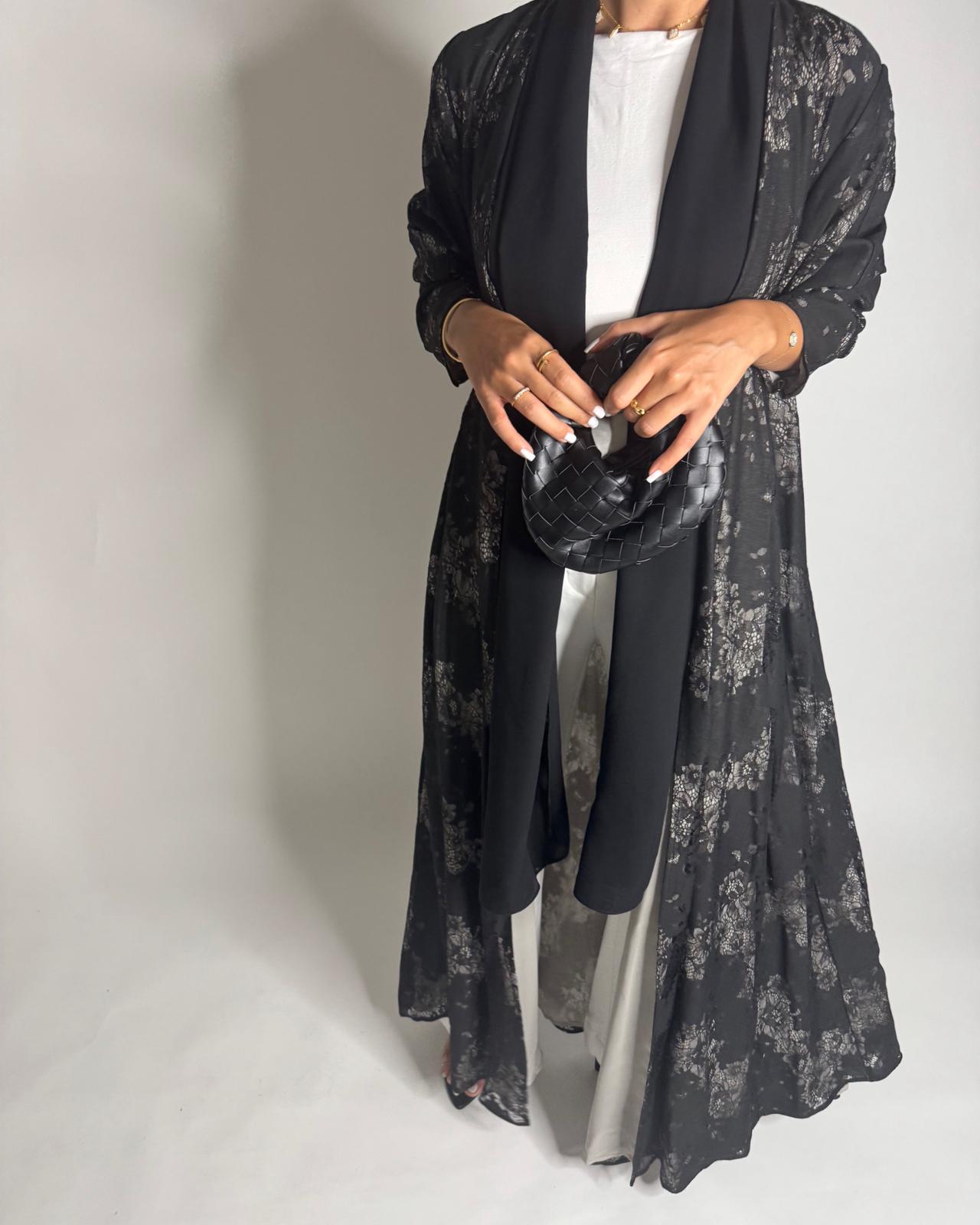 A593 - Black Linen & Lace A-CUT Summery Abaya & Matching Head Scarf