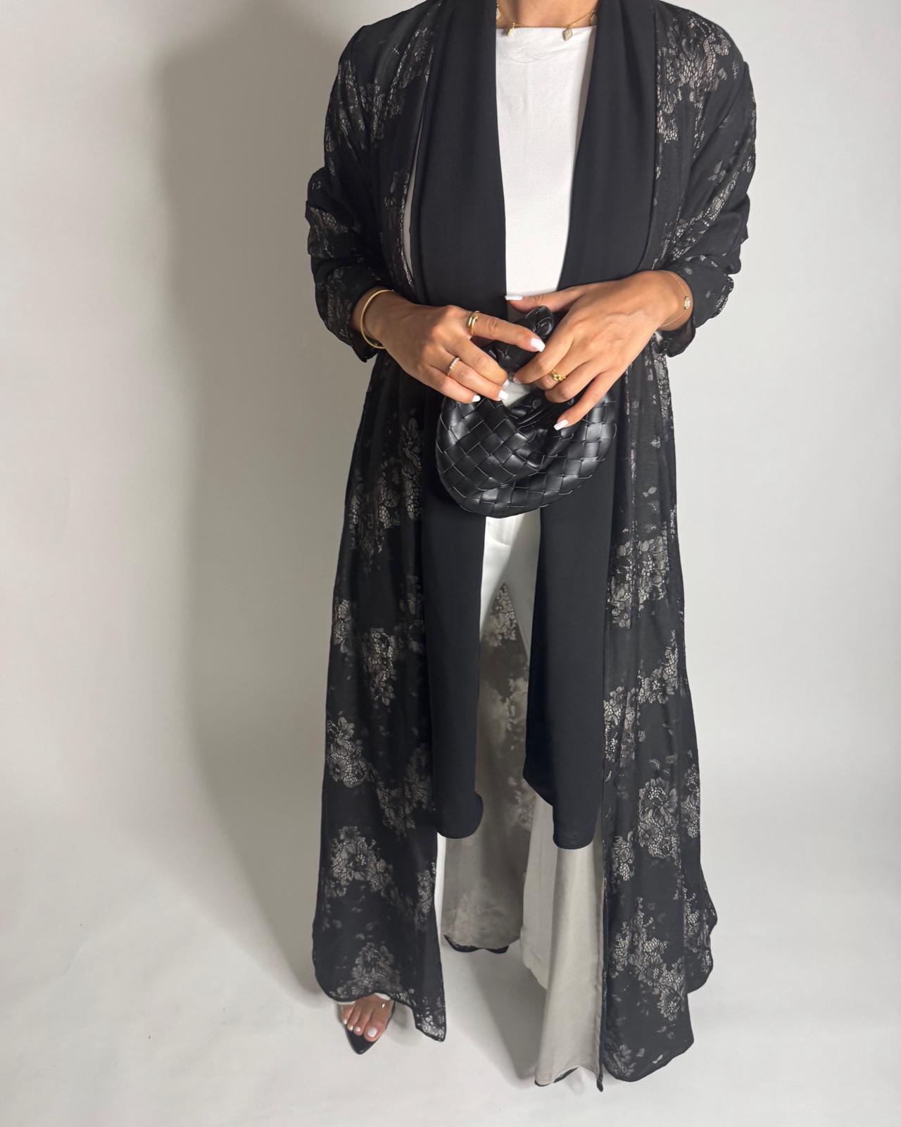 A593 - Black Linen & Lace A-CUT Summery Abaya & Matching Head Scarf