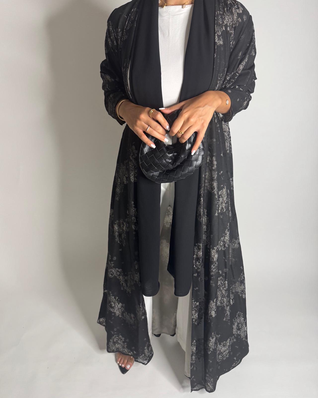 A593 - Black Linen & Lace A-CUT Summery Abaya & Matching Head Scarf