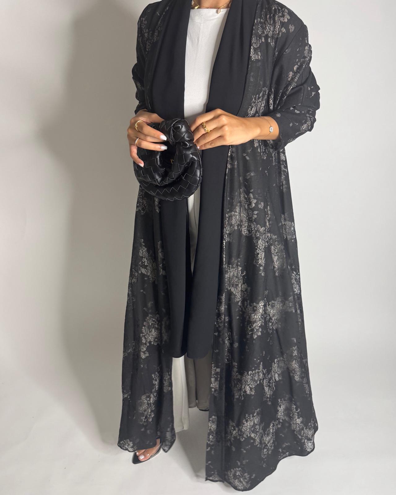 A593 - Black Linen & Lace A-CUT Summery Abaya & Matching Head Scarf