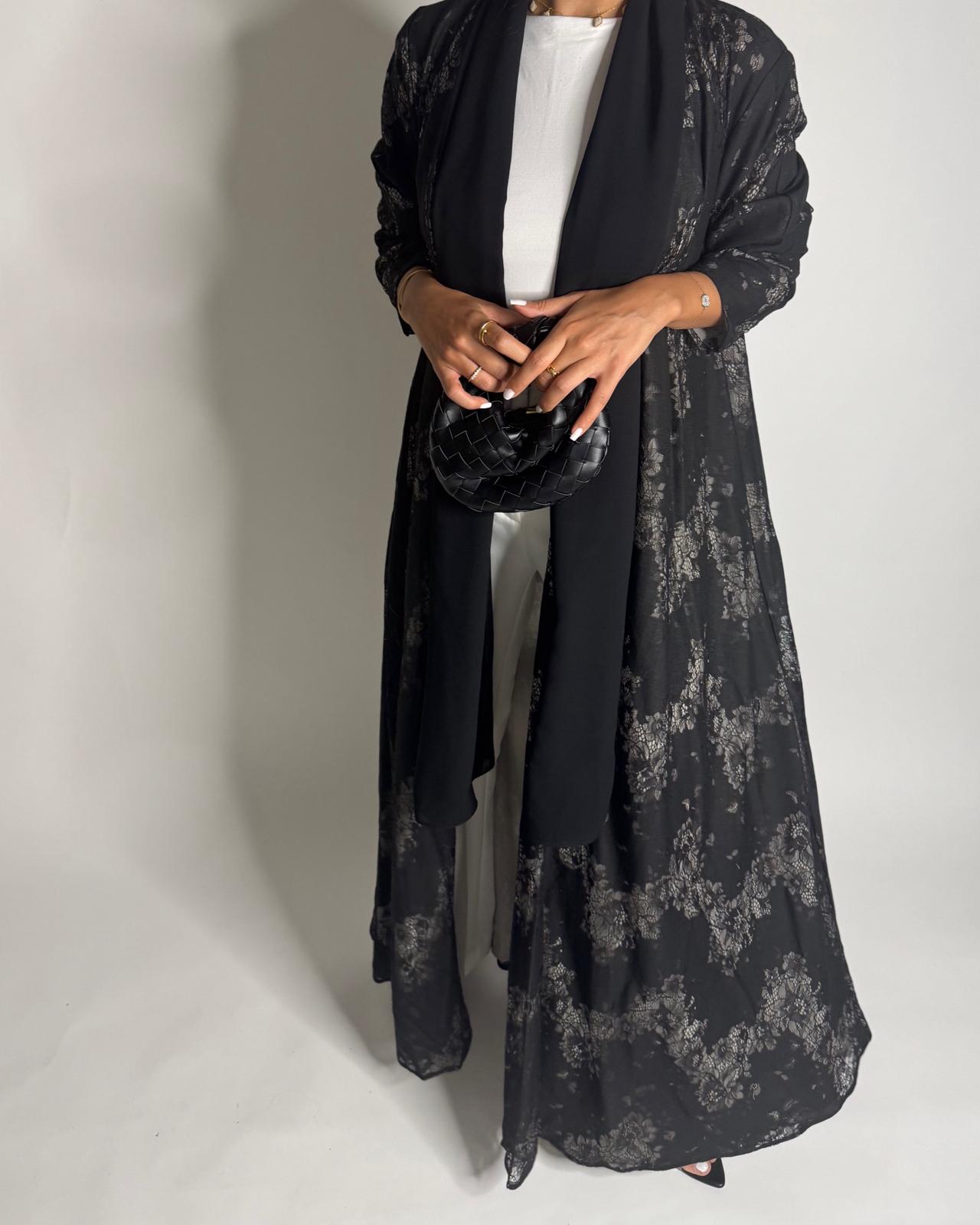 A593 - Black Linen & Lace A-CUT Summery Abaya & Matching Head Scarf