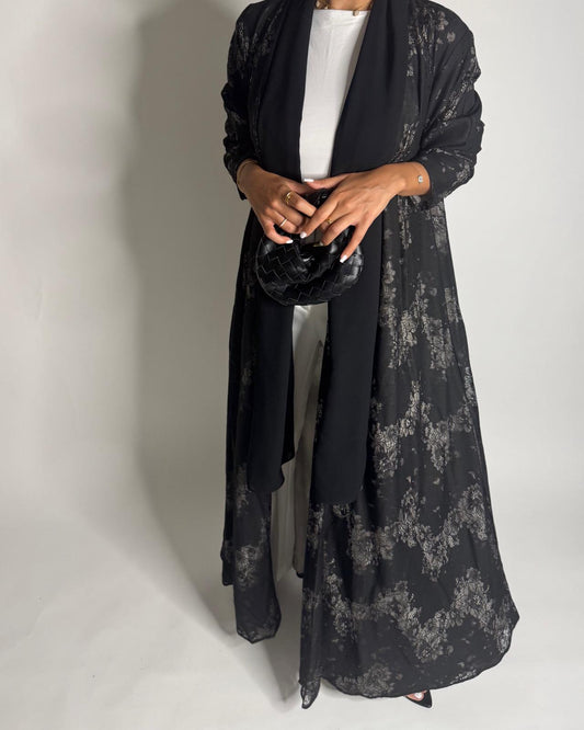 A593 - Black Linen & Lace A-CUT Summery Abaya & Matching Head Scarf