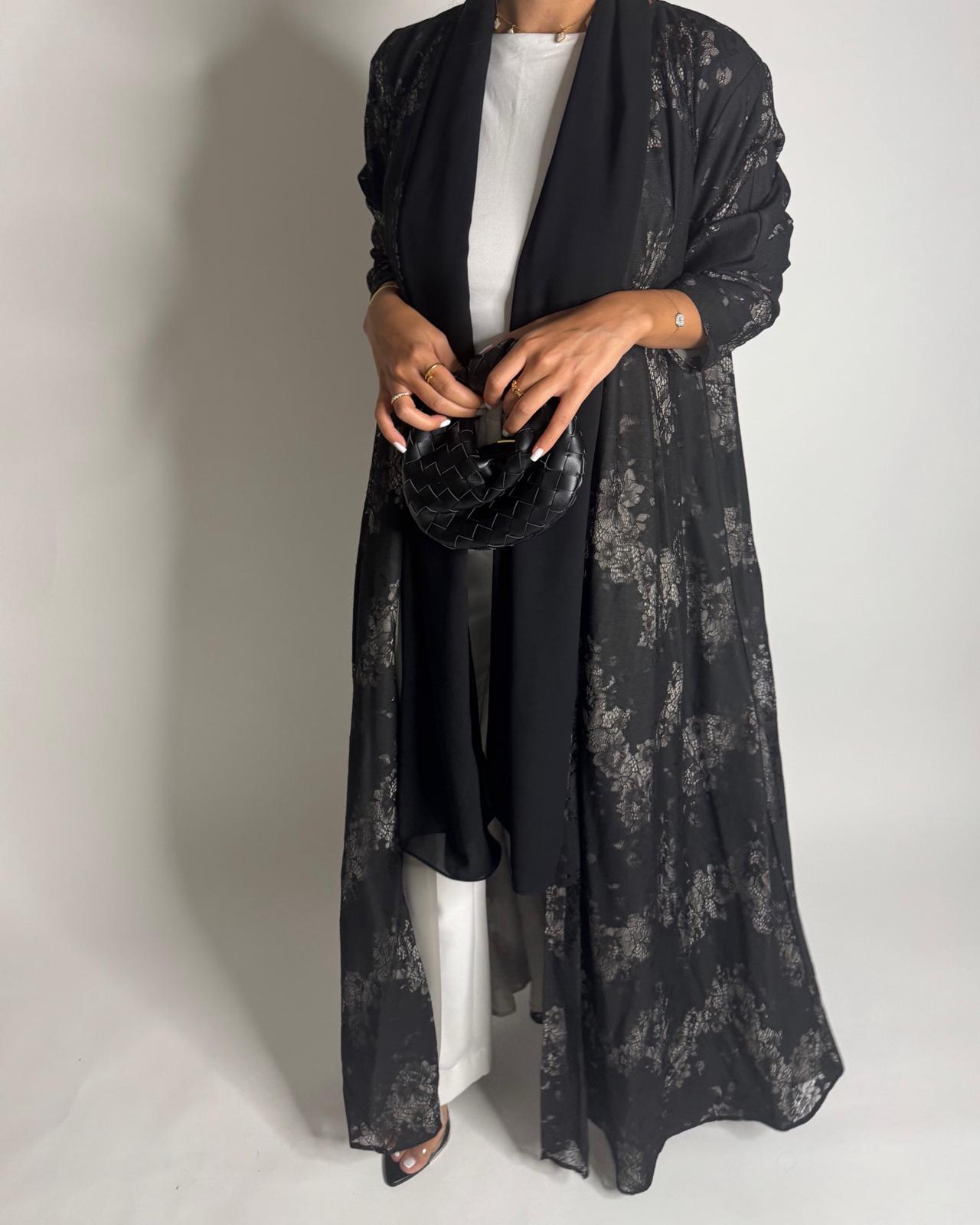 A593 - Black Linen & Lace A-CUT Summery Abaya & Matching Head Scarf